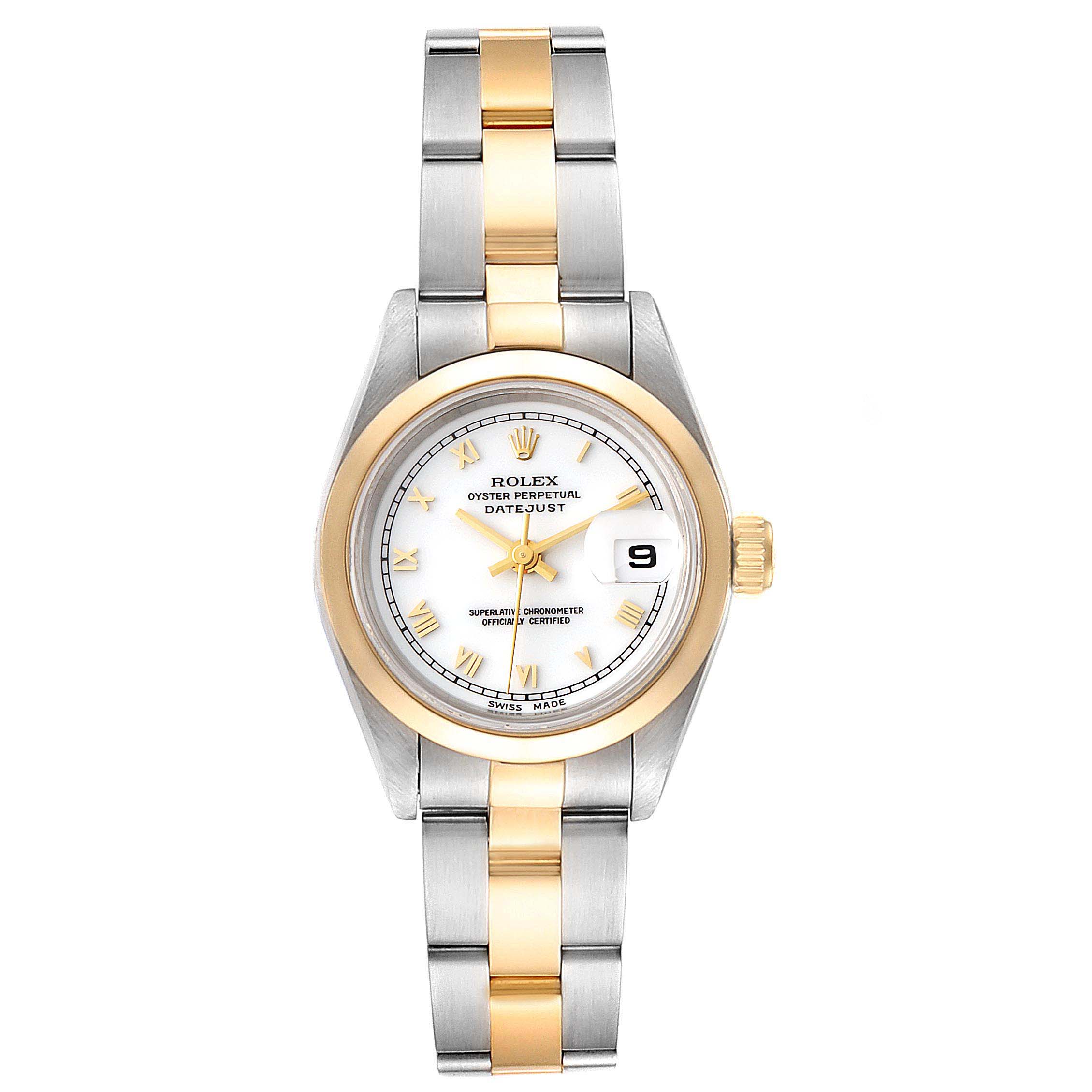 The image shows the Rolex Datejust 69163 Women's Steel and Gold (two tone) White Dial 69163 Women's Steel and Gold (two tone) White Dial watch from a top-down angle, highlighting its dial, bezel, and two-tone bracelet.