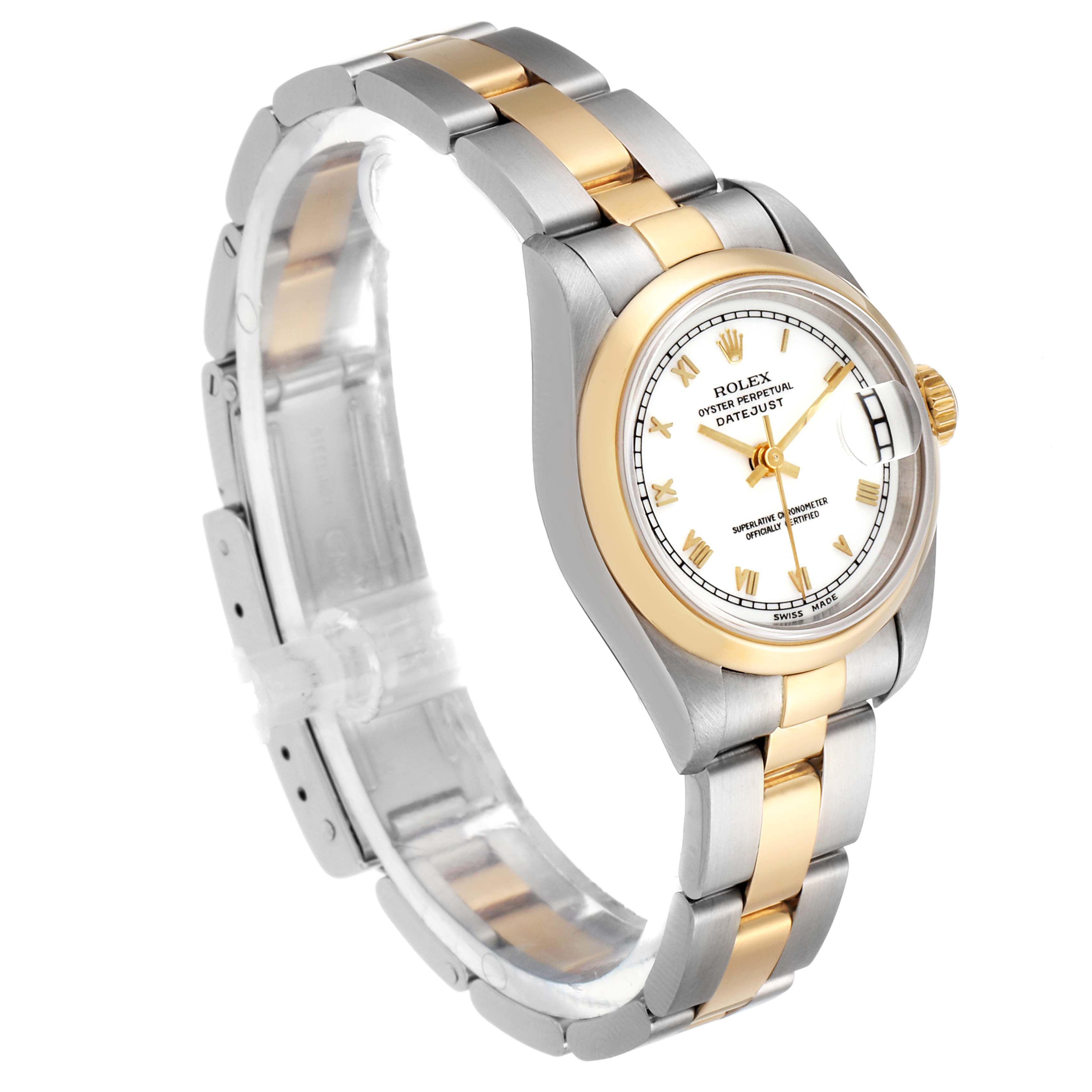 The Rolex Datejust 69163 Women's Steel and Gold (two tone) White Dial 69163 Women's Steel and Gold (two tone) White Dial watch is shown at an angle highlighting its two-tone bracelet, crown, and white dial with Roman numerals.
