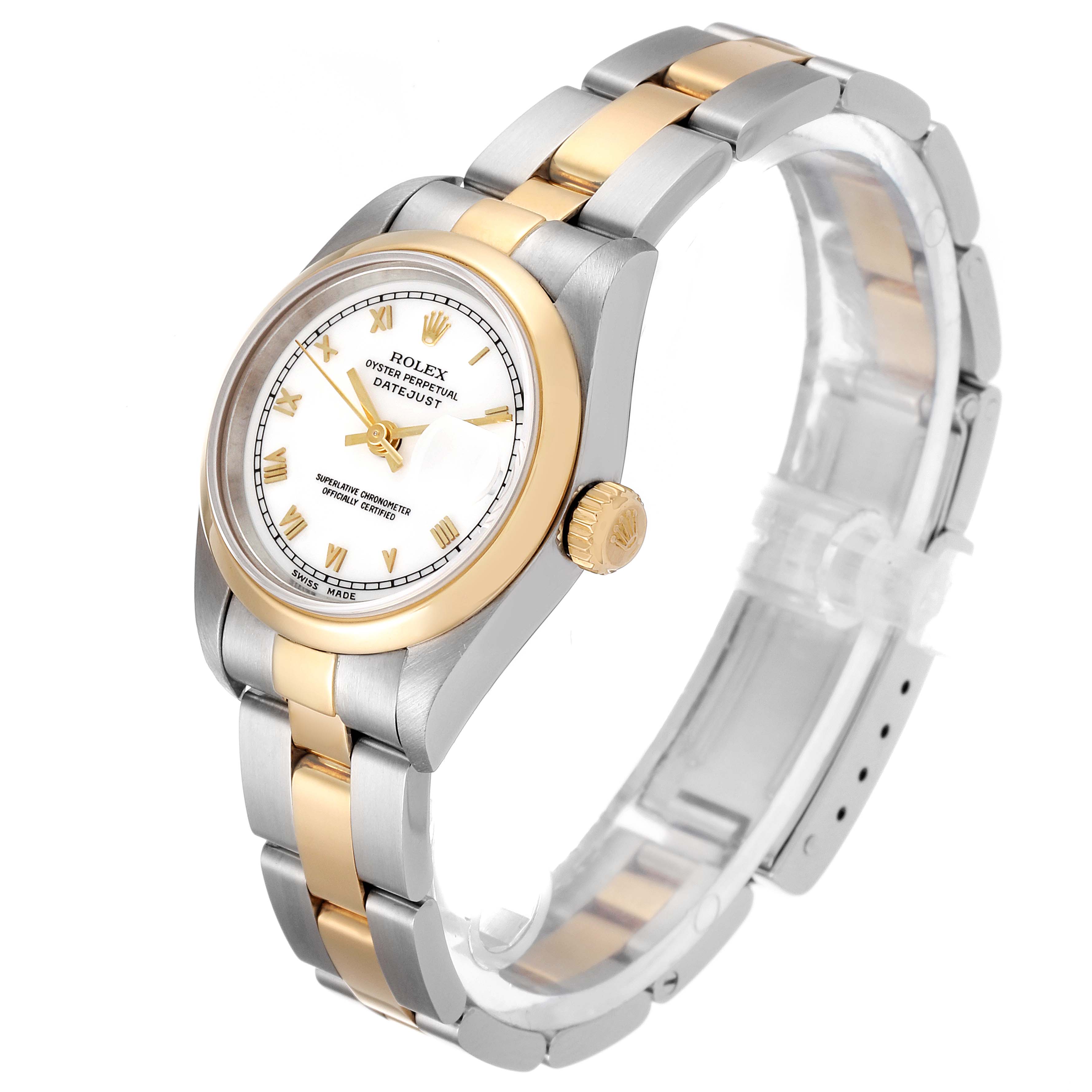 The image shows a Rolex Datejust 69163 Women's Steel and Gold (two tone) White Dial 69163 Women's Steel and Gold (two tone) White Dial watch at an angle, highlighting its gold and silver bracelet and white dial with Roman numerals.