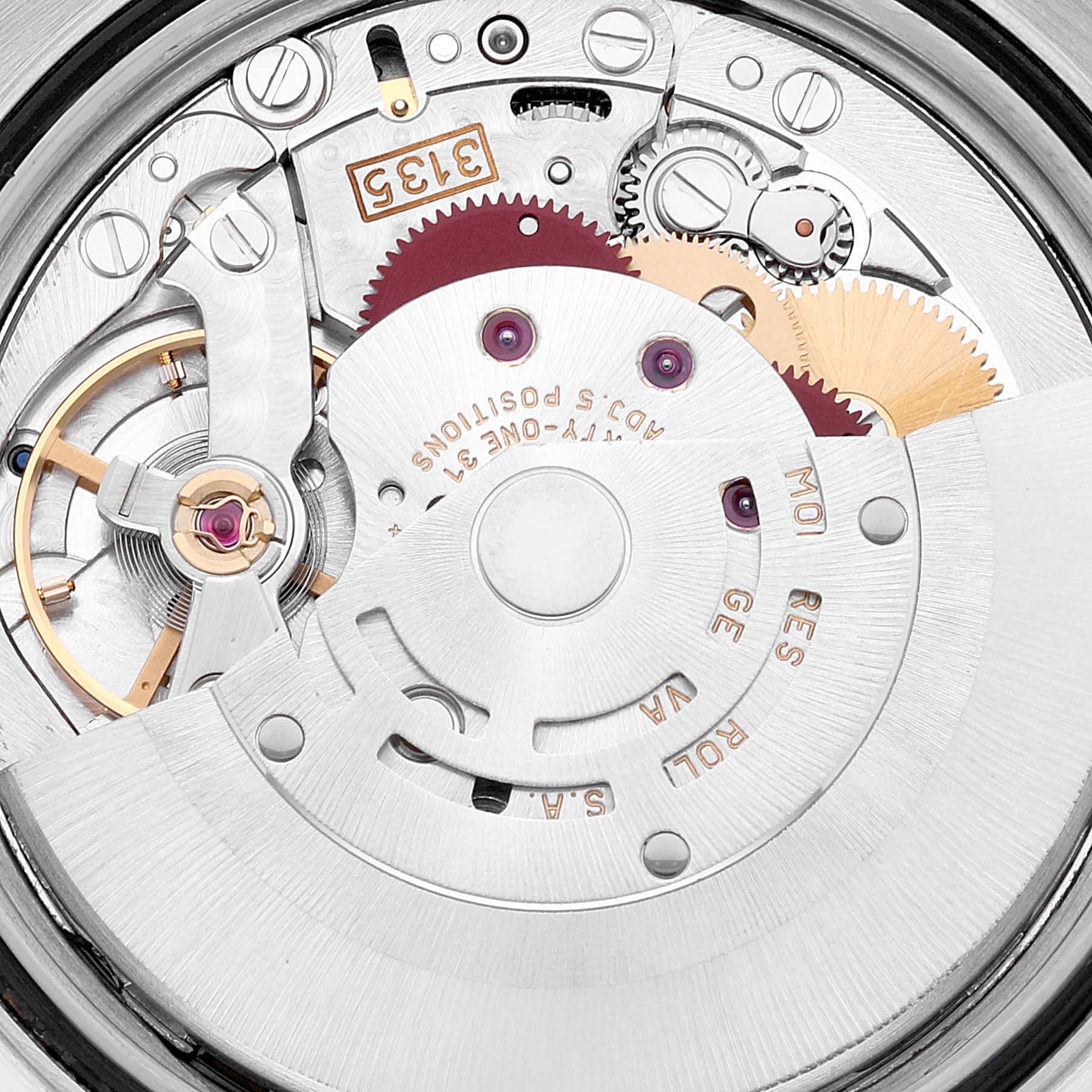 The image shows a close-up of the internal mechanical movement of a Rolex Datejust 16233 Men's Steel and Gold (two tone) White Dial 16233 Men's Steel and Gold (two tone) White Dial watch, highlighting gears and components.