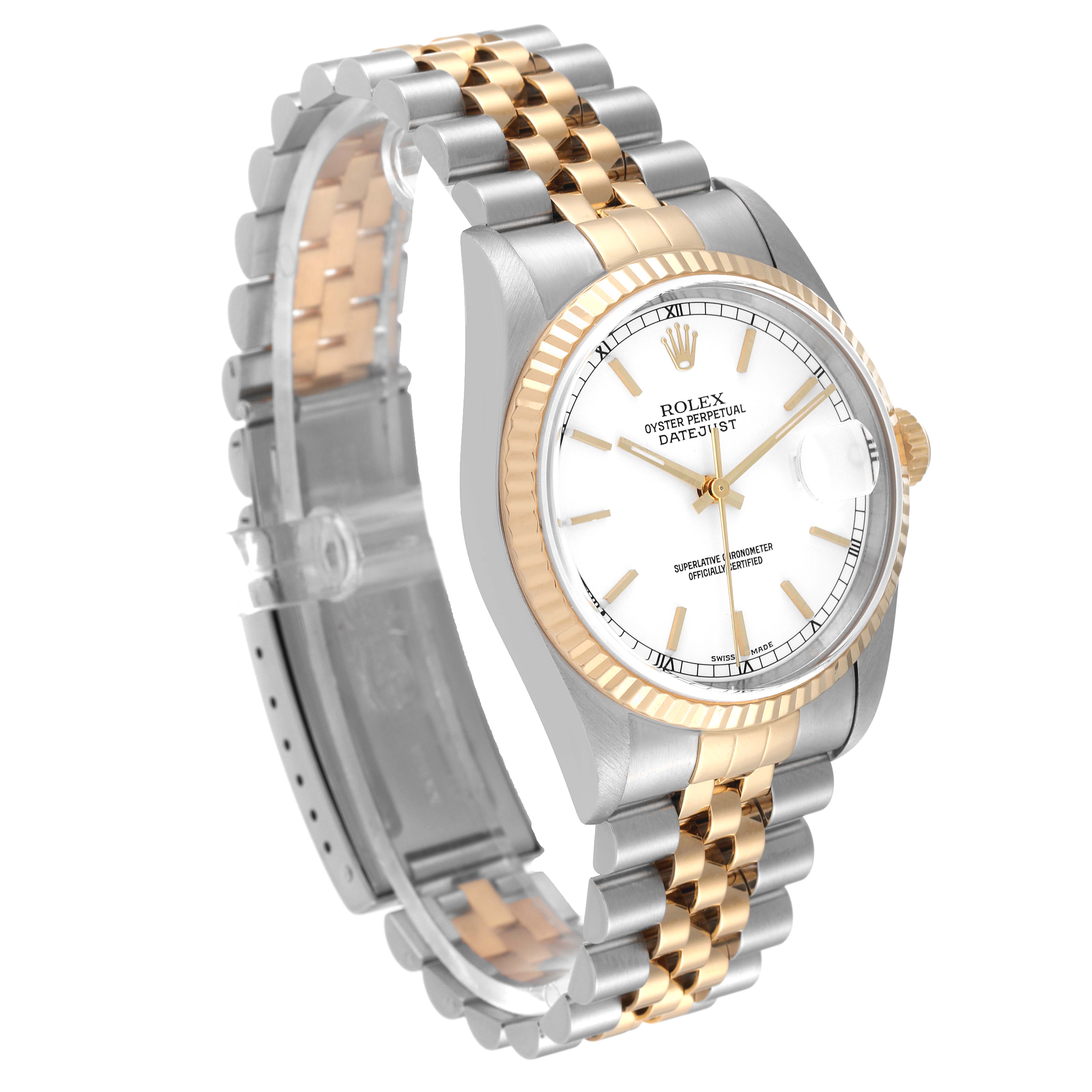 This Rolex Datejust 16233 Men's Steel and Gold (two tone) White Dial 16233 Men's Steel and Gold (two tone) White Dial watch is shown at an angle displaying the face, bezel, and Jubilee bracelet with a mix of gold and stainless steel.