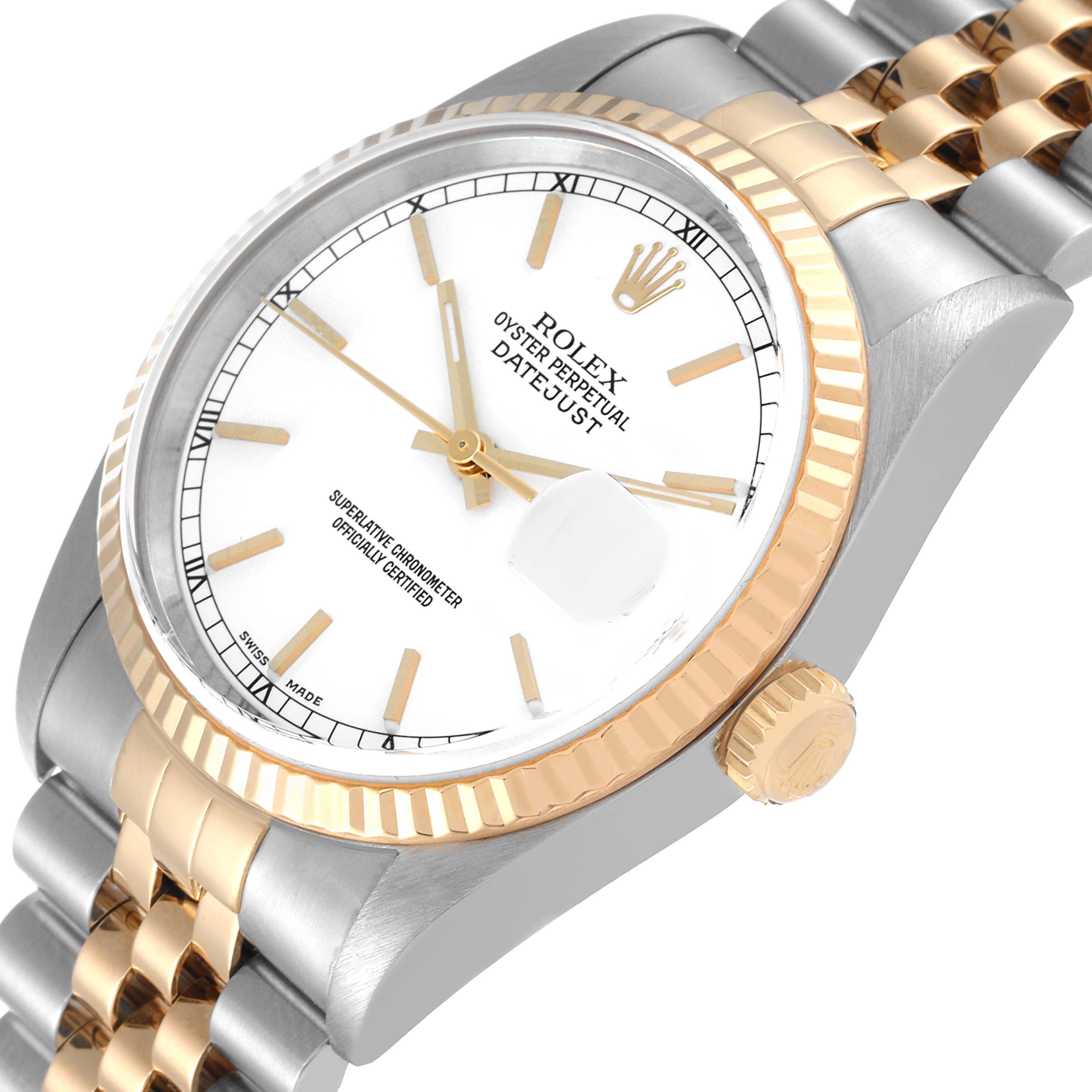 This image shows a close-up angled view of a Rolex Datejust 16233 Men's Steel and Gold (two tone) White Dial 16233 Men's Steel and Gold (two tone) White Dial, highlighting the bezel, dial, crown, and part of the bracelet.