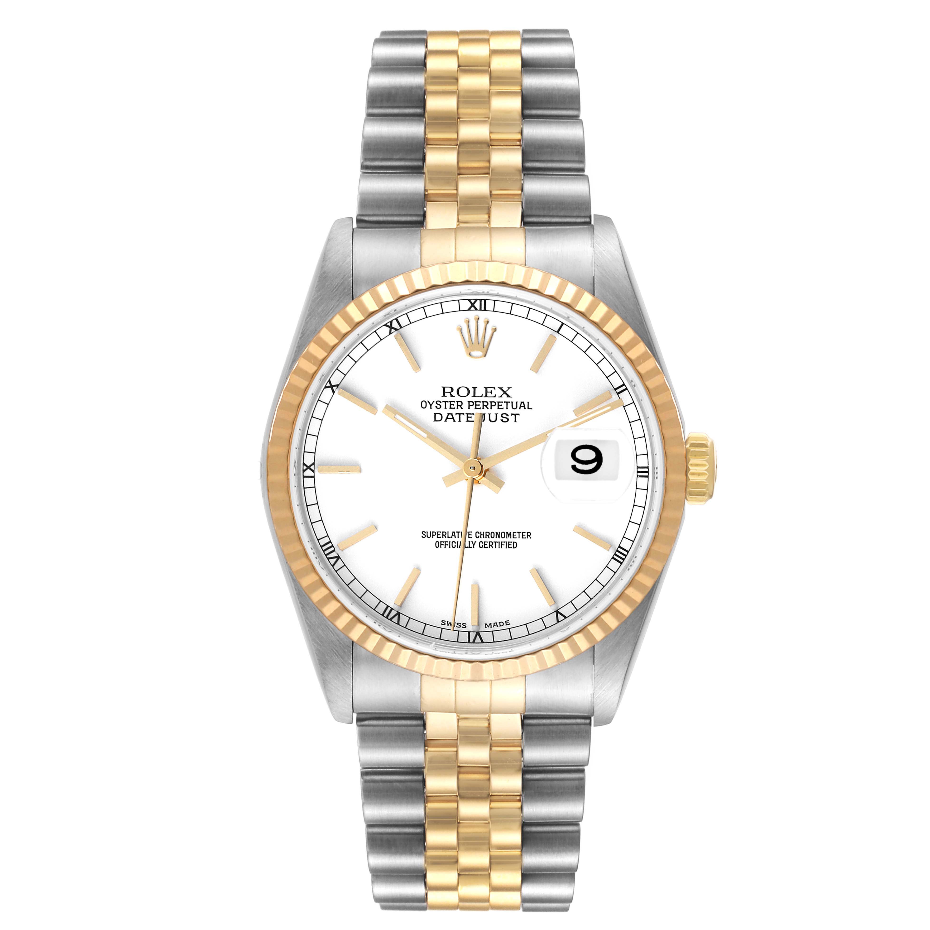 The image shows a Rolex Datejust 16233 Men's Steel and Gold (two tone) White Dial 16233 Men's Steel and Gold (two tone) White Dial watch, featuring a two-tone bracelet, white dial, gold fluted bezel, and date window at 3 o'clock.