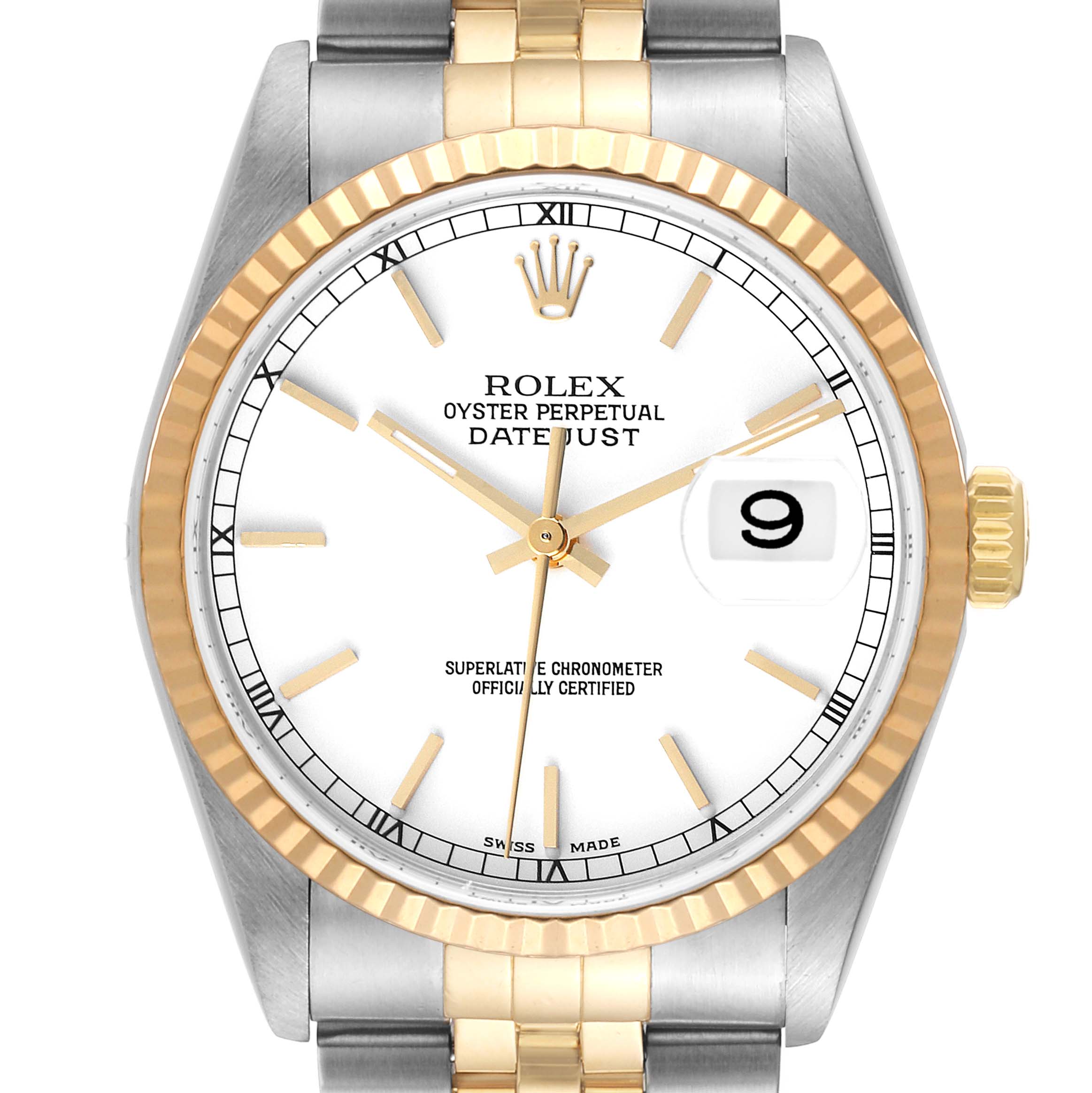 The image shows a frontal view of a Rolex Datejust 16233 Men's Steel and Gold (two tone) White Dial 16233 Men's Steel and Gold (two tone) White Dial watch, highlighting the dial, hands, fluted bezel, and date window.