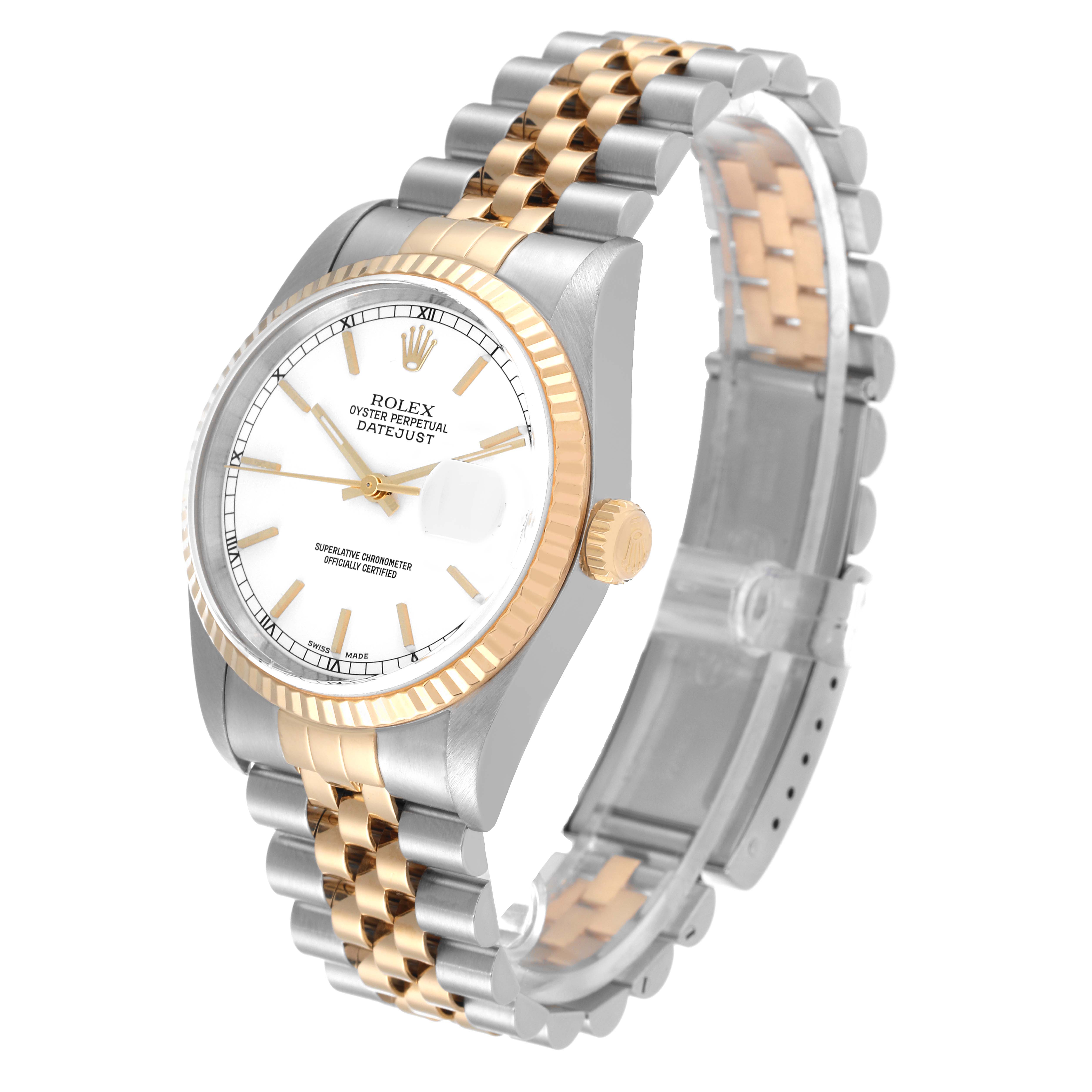 The image shows a Rolex Datejust 16233 Men's Steel and Gold (two tone) White Dial 16233 Men's Steel and Gold (two tone) White Dial watch at a slight angle, displaying its dial, bezel, crown, and two-tone bracelet.
