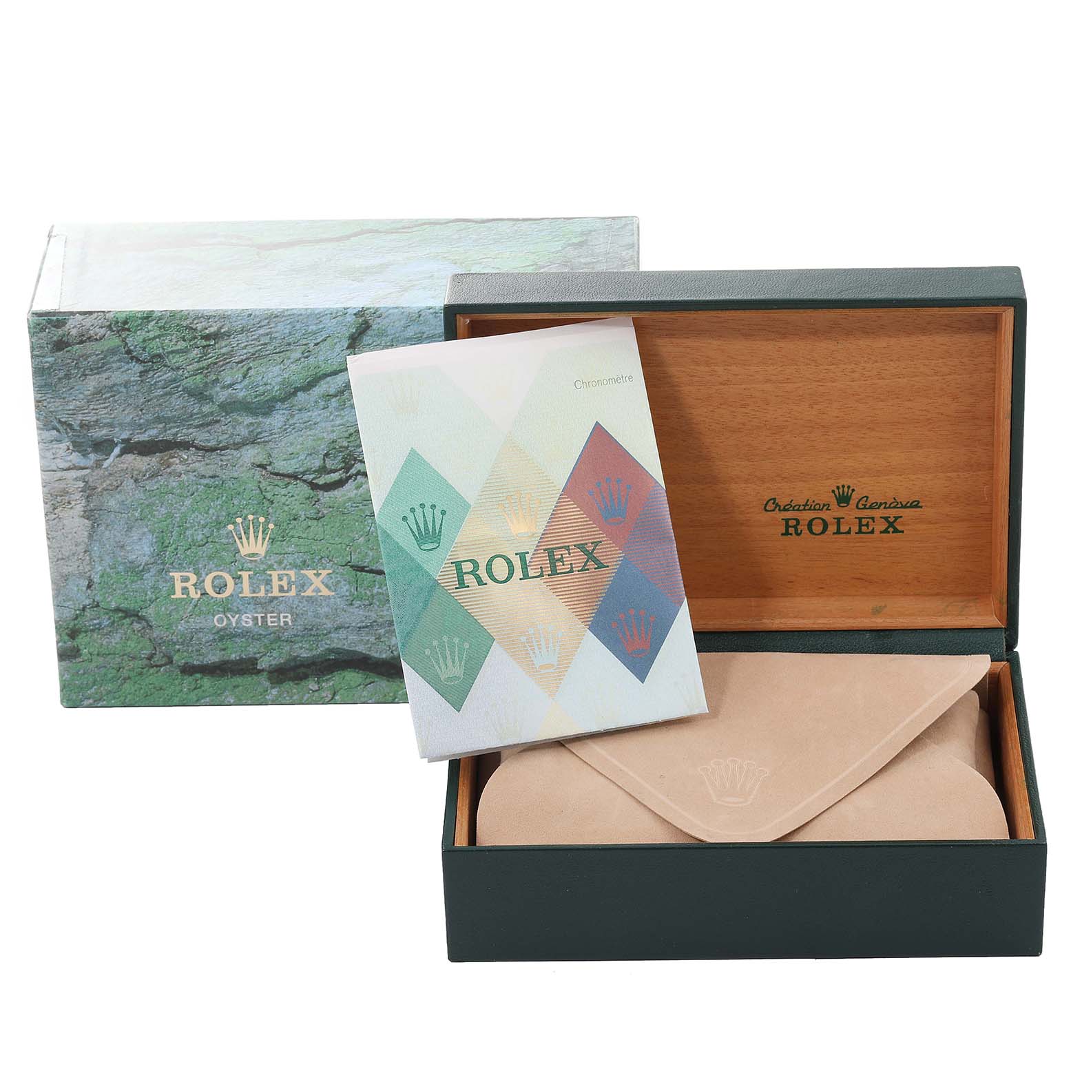 This image shows the packaging, a booklet, and a watch pouch for the Rolex Datejust 16233 Men's Steel and Gold (two tone) White Dial 16233 Men's Steel and Gold (two tone) White Dial model.