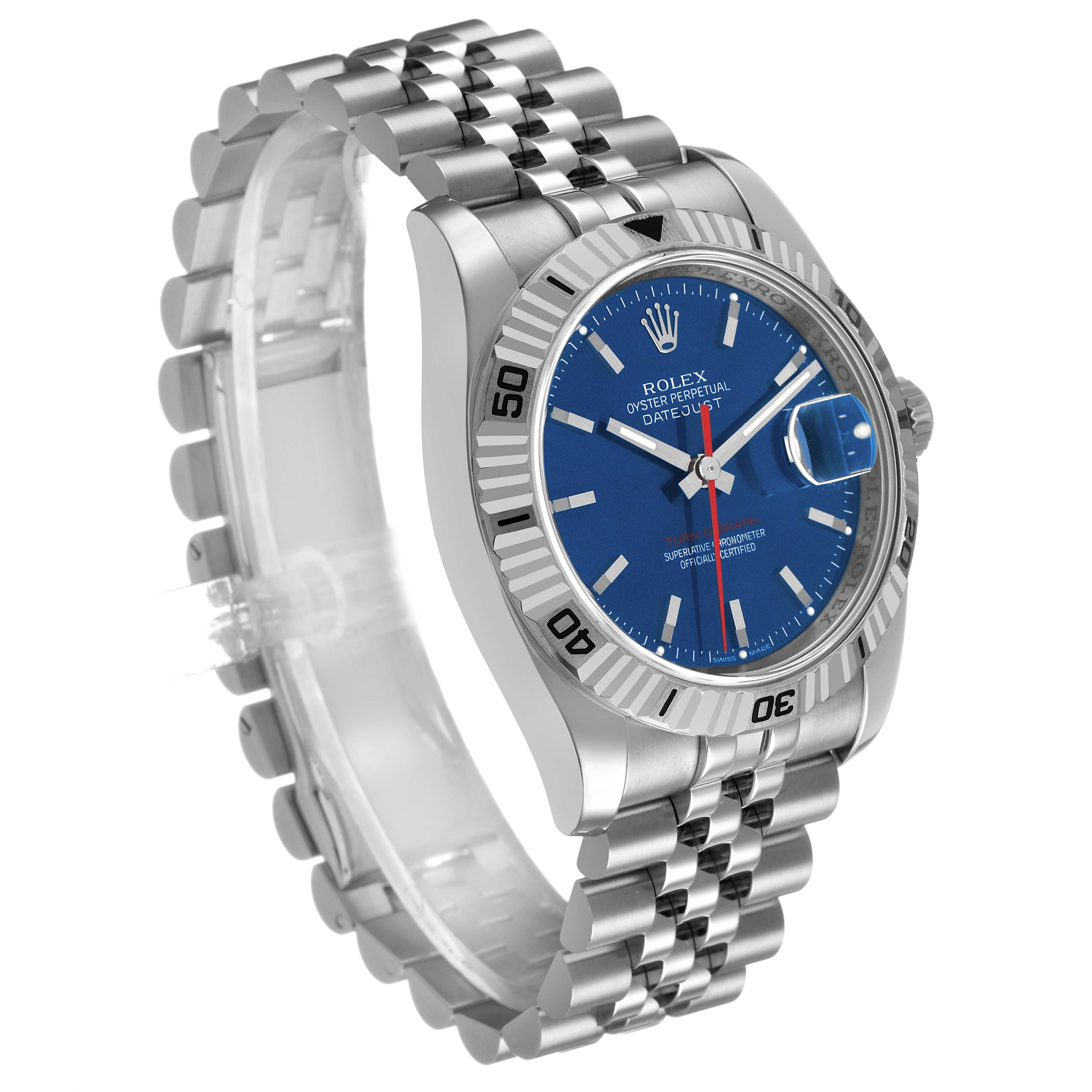 The Rolex Turn-o-Graph 116264 Men's Stainless Steel Blue Dial watch is shown at an angled side view, highlighting its bezel, bracelet, and blue dial.