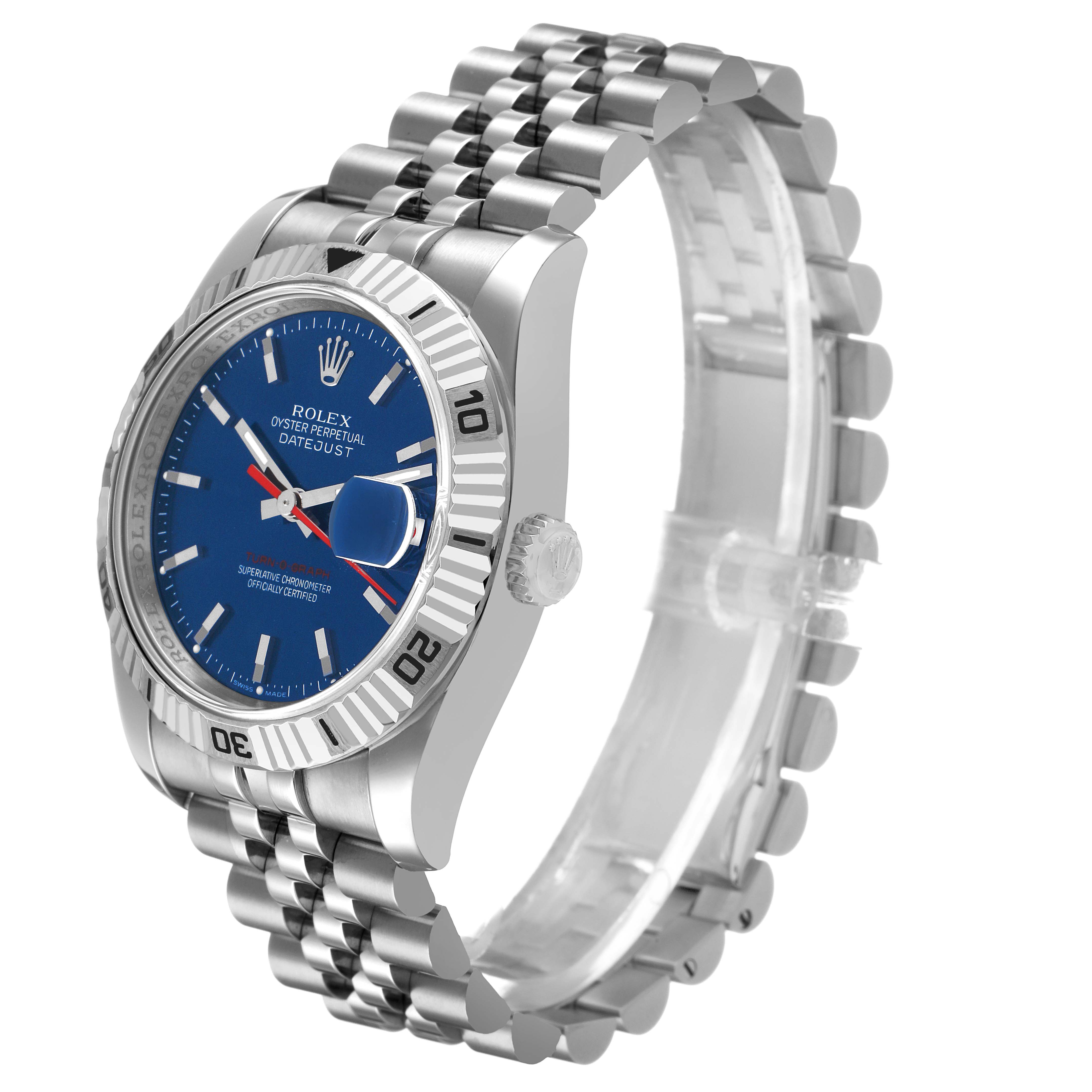 The Rolex Turn-o-Graph 116264 Men's Stainless Steel Blue Dial watch is shown at a side angle, highlighting the bezel, blue dial, bracelet, and partial view of the crown.