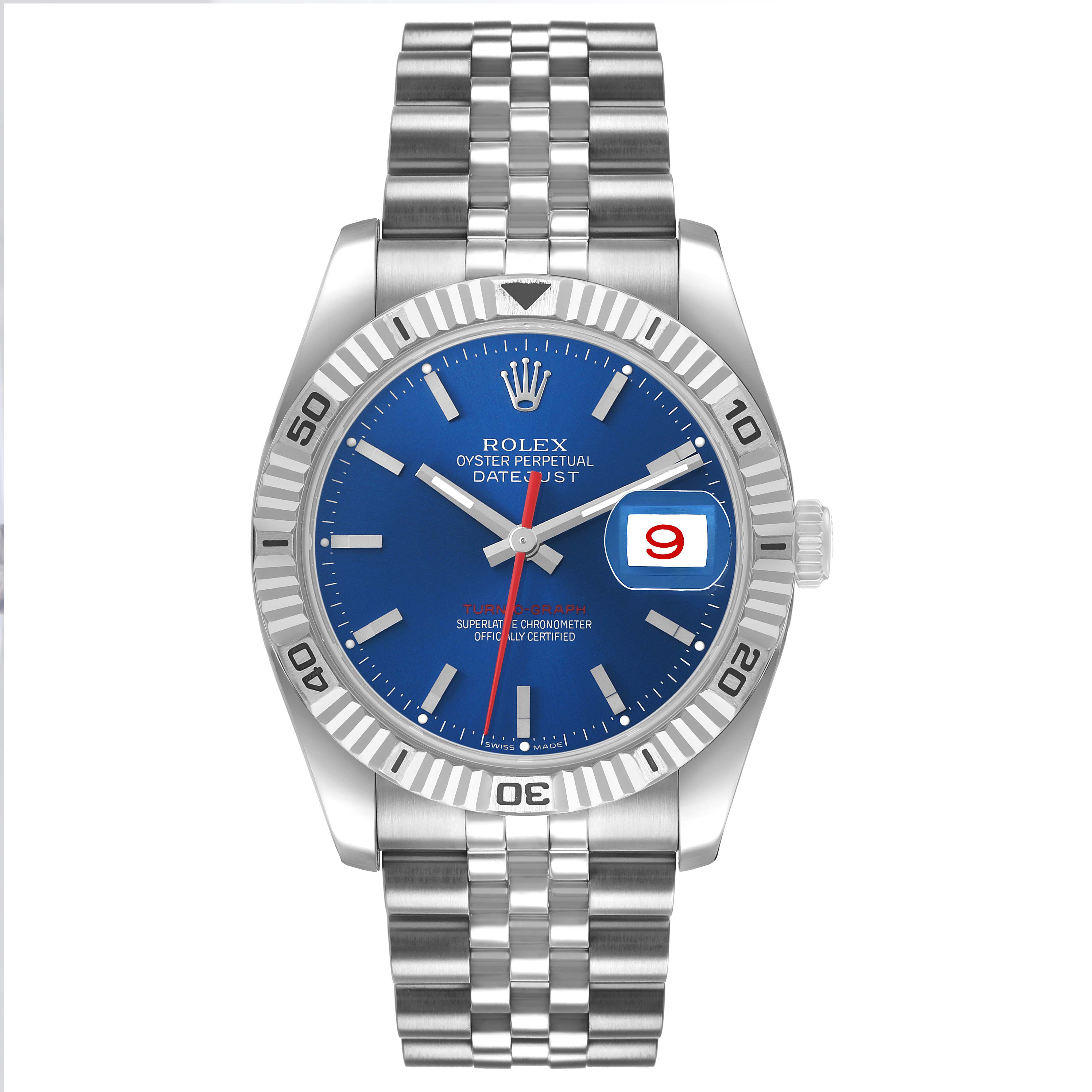 The Rolex Turn-o-Graph 116264 Men's Stainless Steel Blue Dial watch is shown from a front angle, featuring its blue dial, fluted bezel, and Jubilee bracelet.