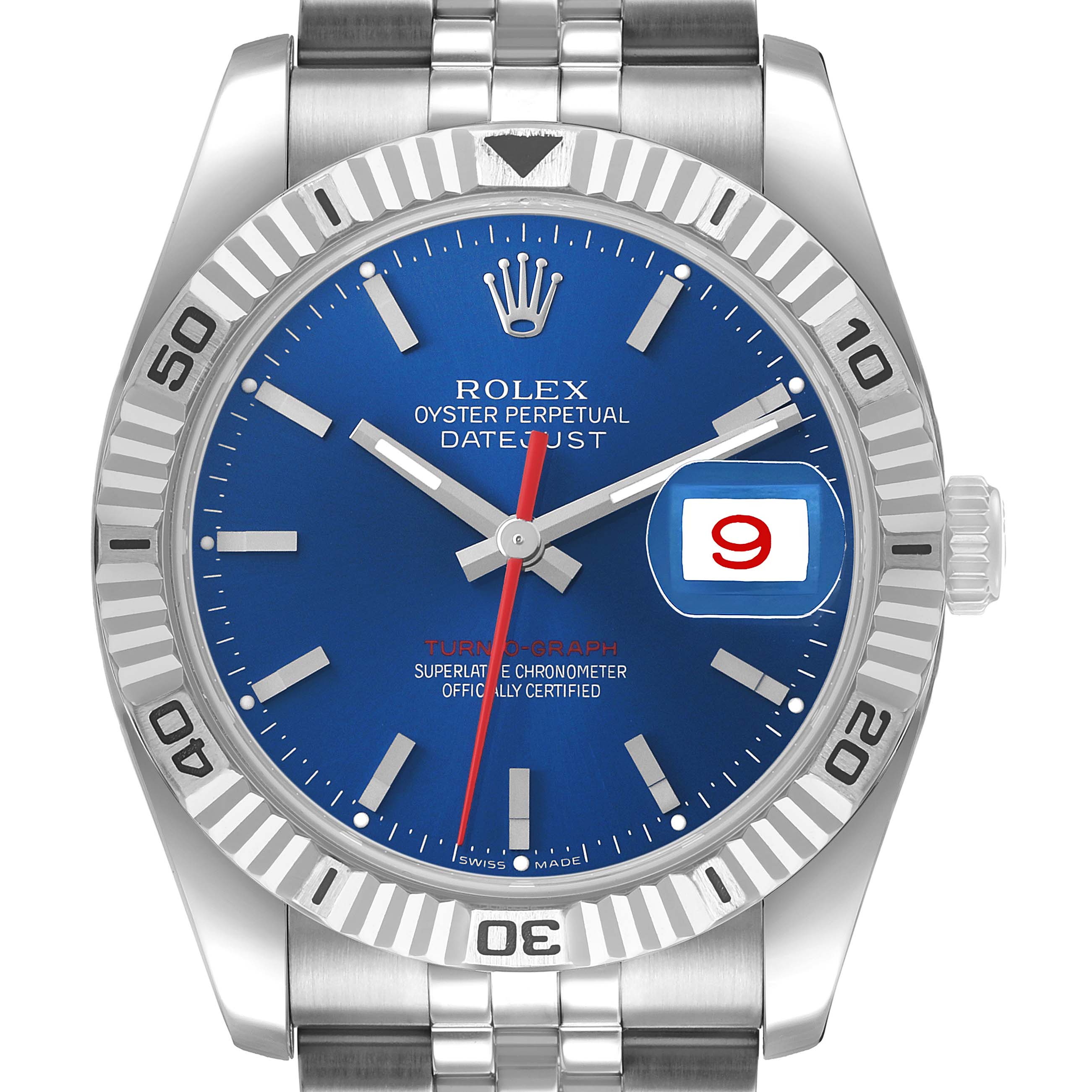 The Rolex Turn-o-Graph 116264 Men's Stainless Steel Blue Dial watch is shown from the front, displaying its blue dial, fluted bezel, and Jubilee bracelet.