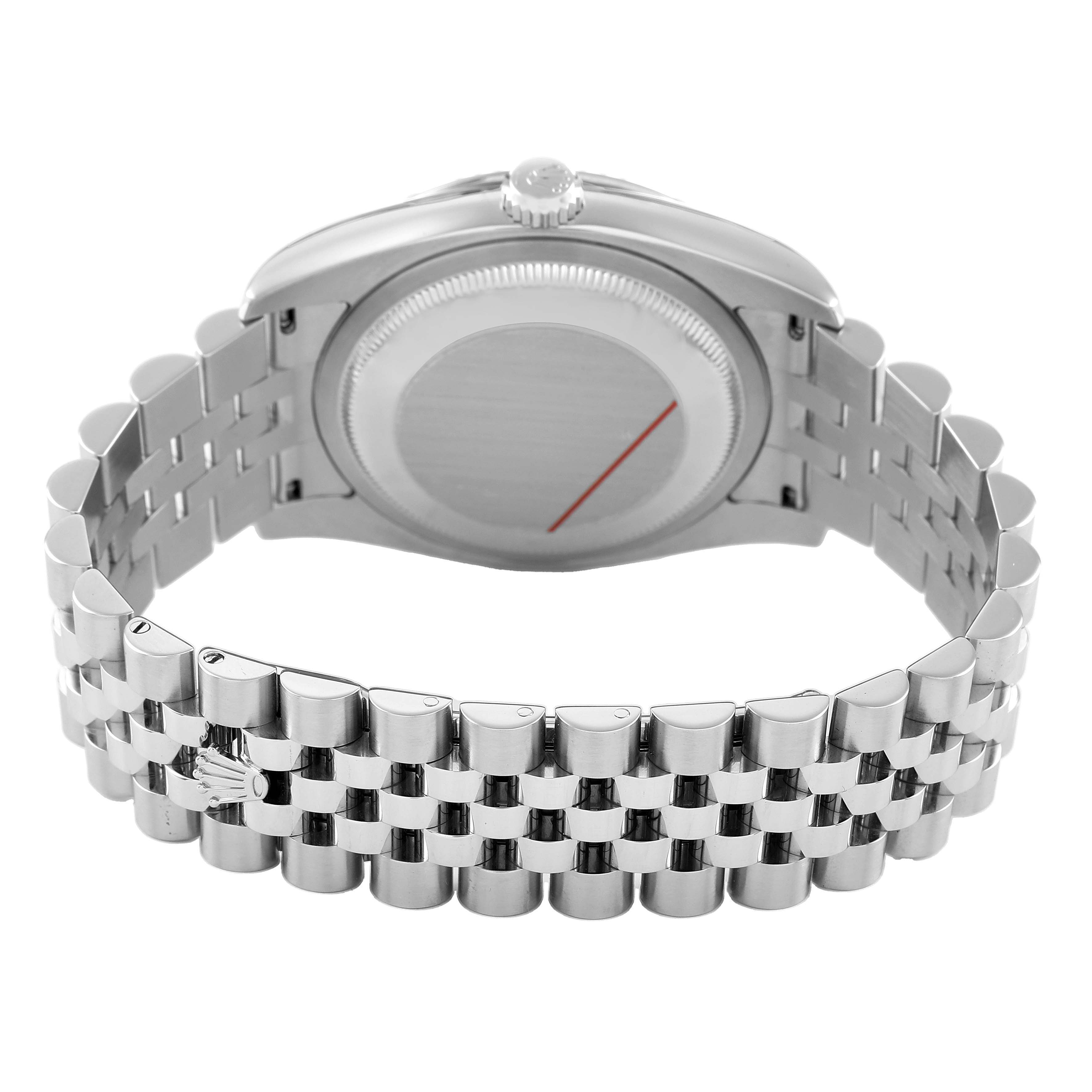 The image shows the back of the Rolex Turn-o-Graph 116264 Men's Stainless Steel Blue Dial, highlighting the case back and Jubilee bracelet.