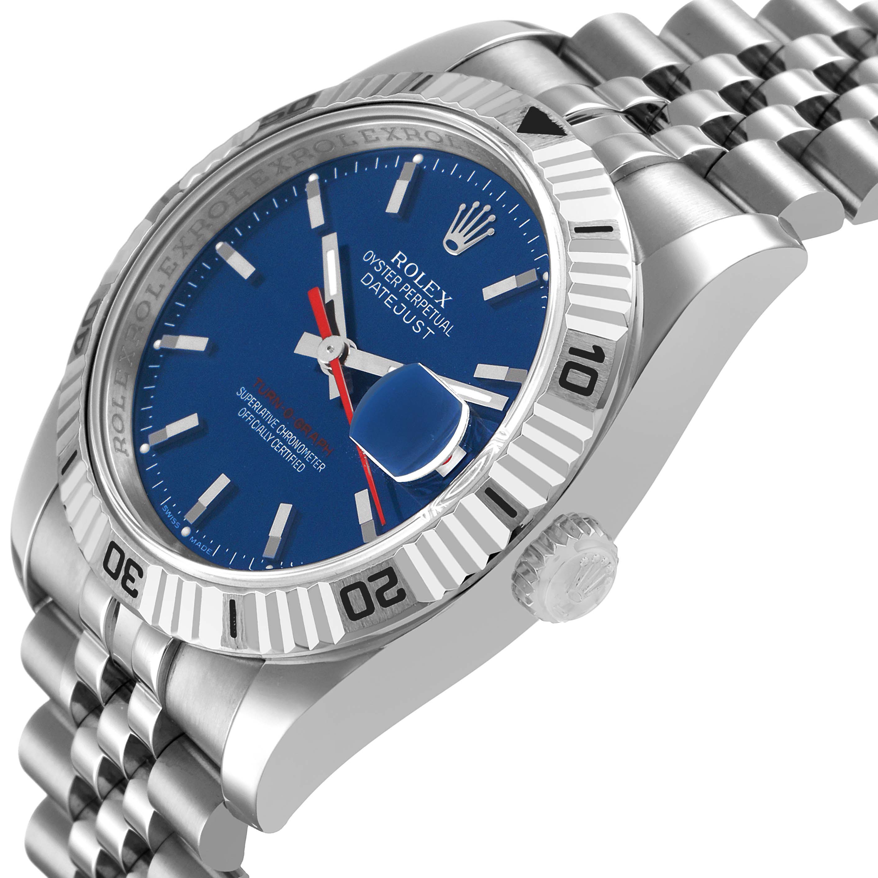 The image shows a Rolex Turn-o-Graph 116264 Men's Stainless Steel Blue Dial watch at an angled side view, highlighting the bezel, crown, and jubilee bracelet.