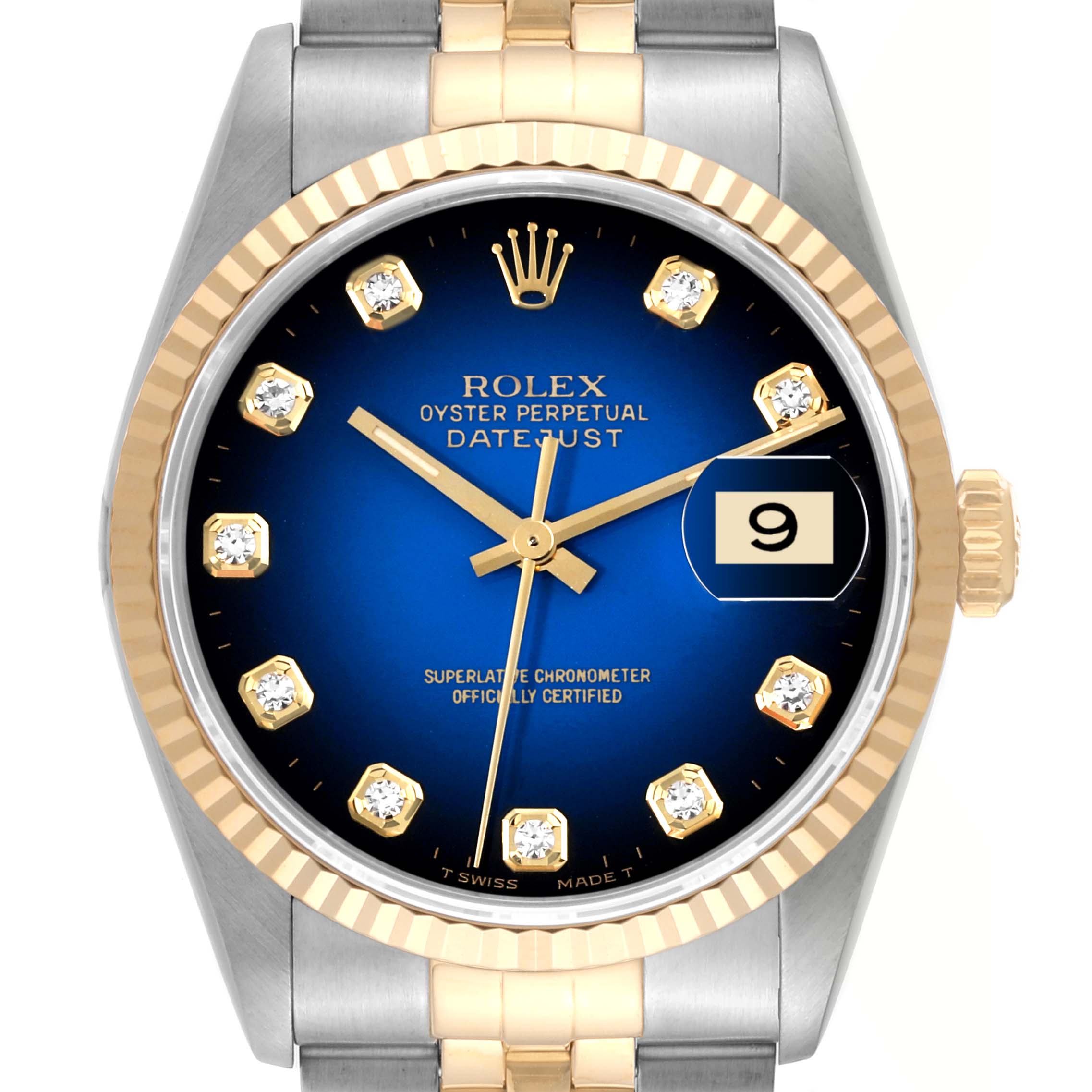 This image shows a front view of a Rolex Datejust 16233 Men's Steel and Gold (two tone) Blue Dial 16233 Men's Steel and Gold (two tone) Blue Dial watch with a blue dial, diamond hour markers, and a two-tone bracelet.