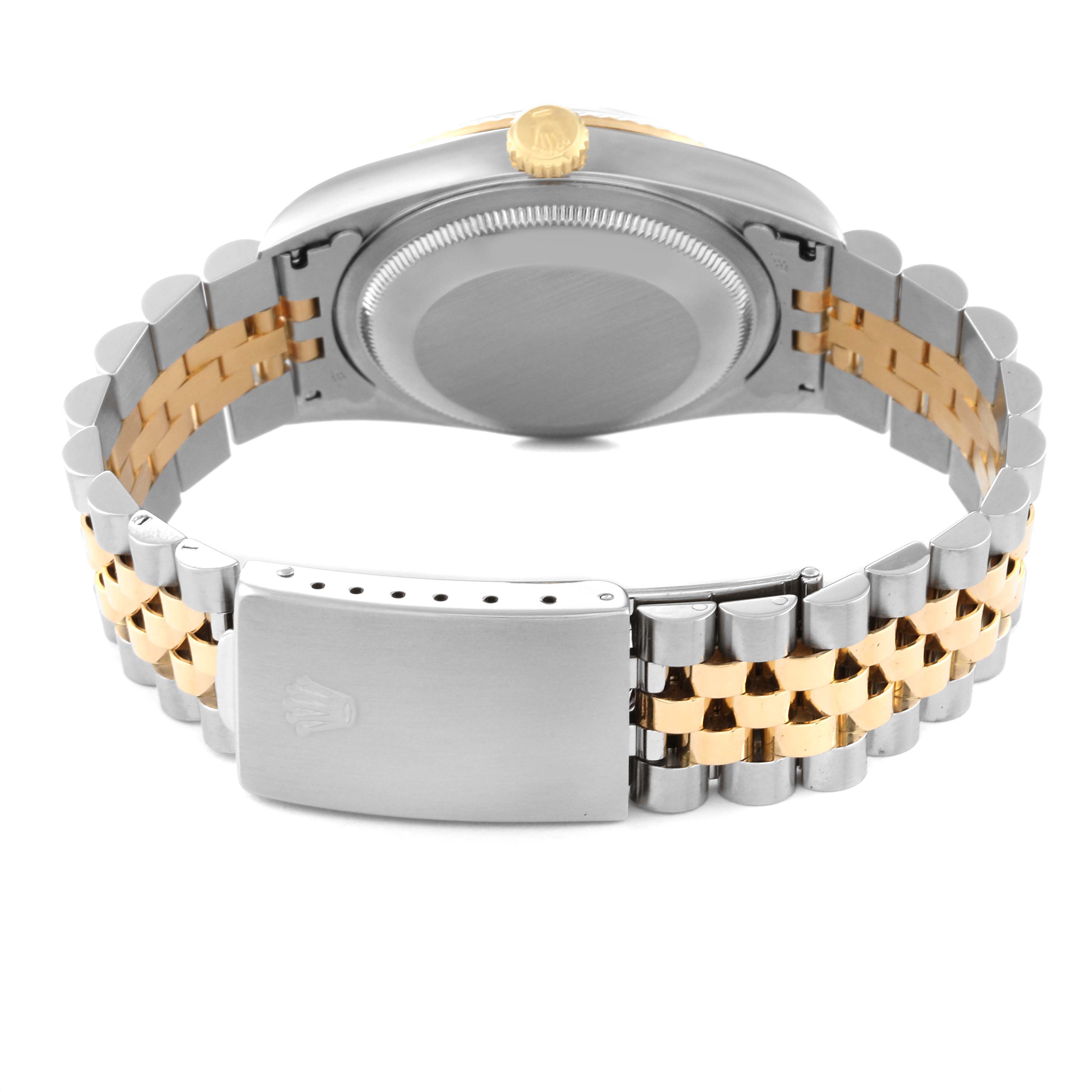 The image shows the back case and two-tone bracelet with clasp of a Rolex Datejust 16233 Men's Steel and Gold (two tone) Blue Dial 16233 Men's Steel and Gold (two tone) Blue Dial watch, viewed from the rear.