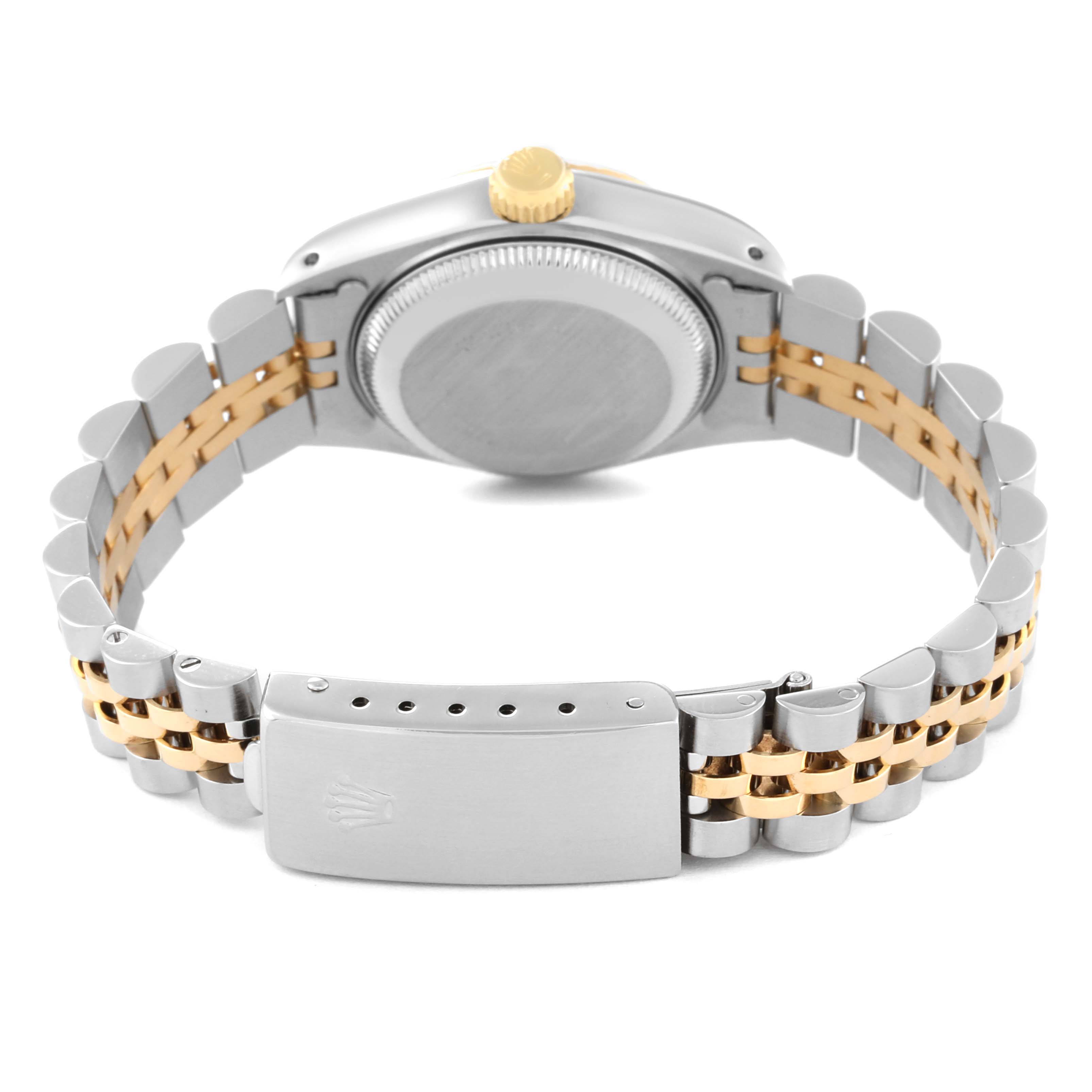 The image shows the back case and bracelet clasp of a Rolex Datejust 69173 Women's Steel and Gold (two tone) White Dial 69173 Women's Steel and Gold (two tone) White Dial watch from a rear angle.