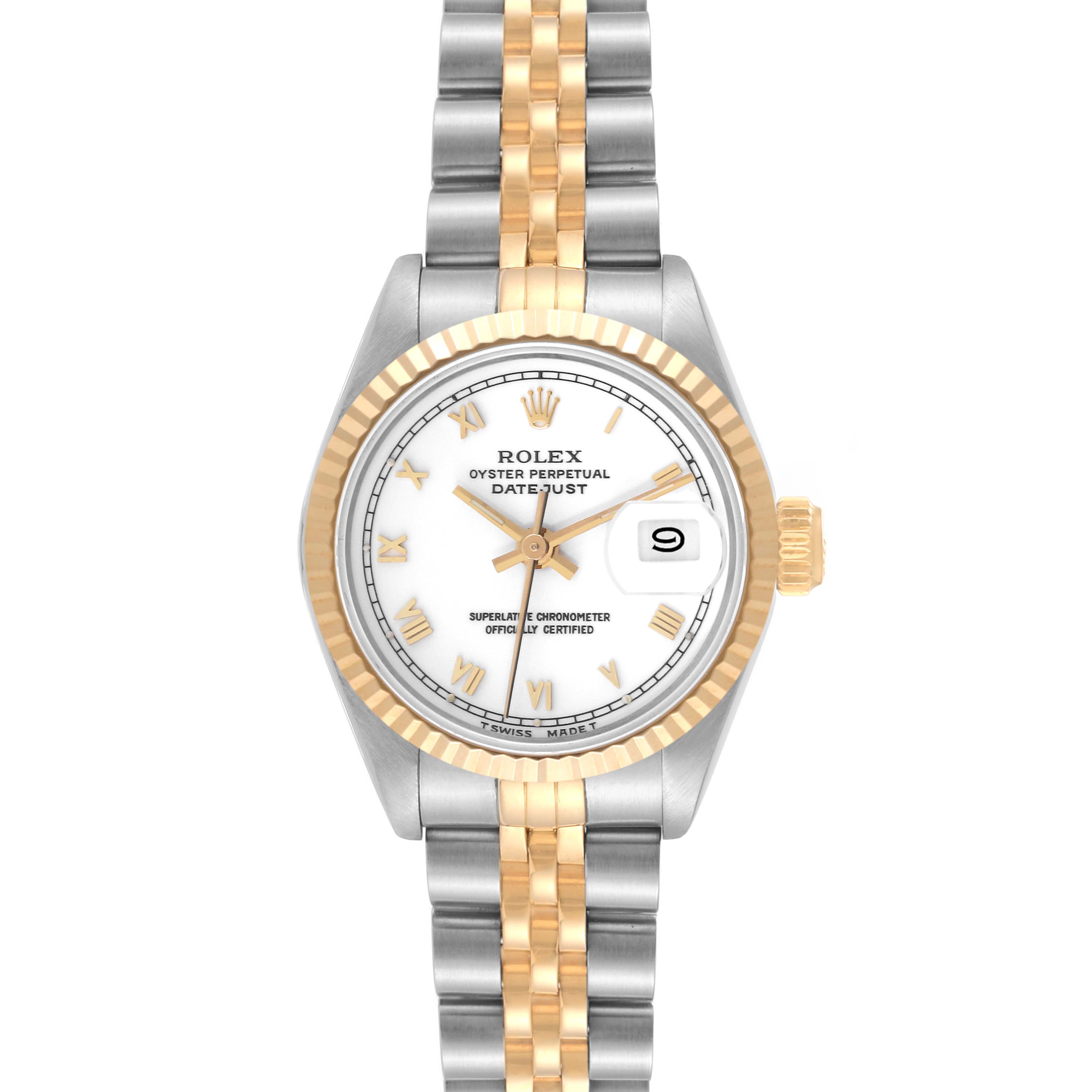 The Rolex Datejust 69173 Women's Steel and Gold (two tone) White Dial 69173 Women's Steel and Gold (two tone) White Dial watch is shown from a front angle, displaying its face, bezel, and two-tone bracelet.