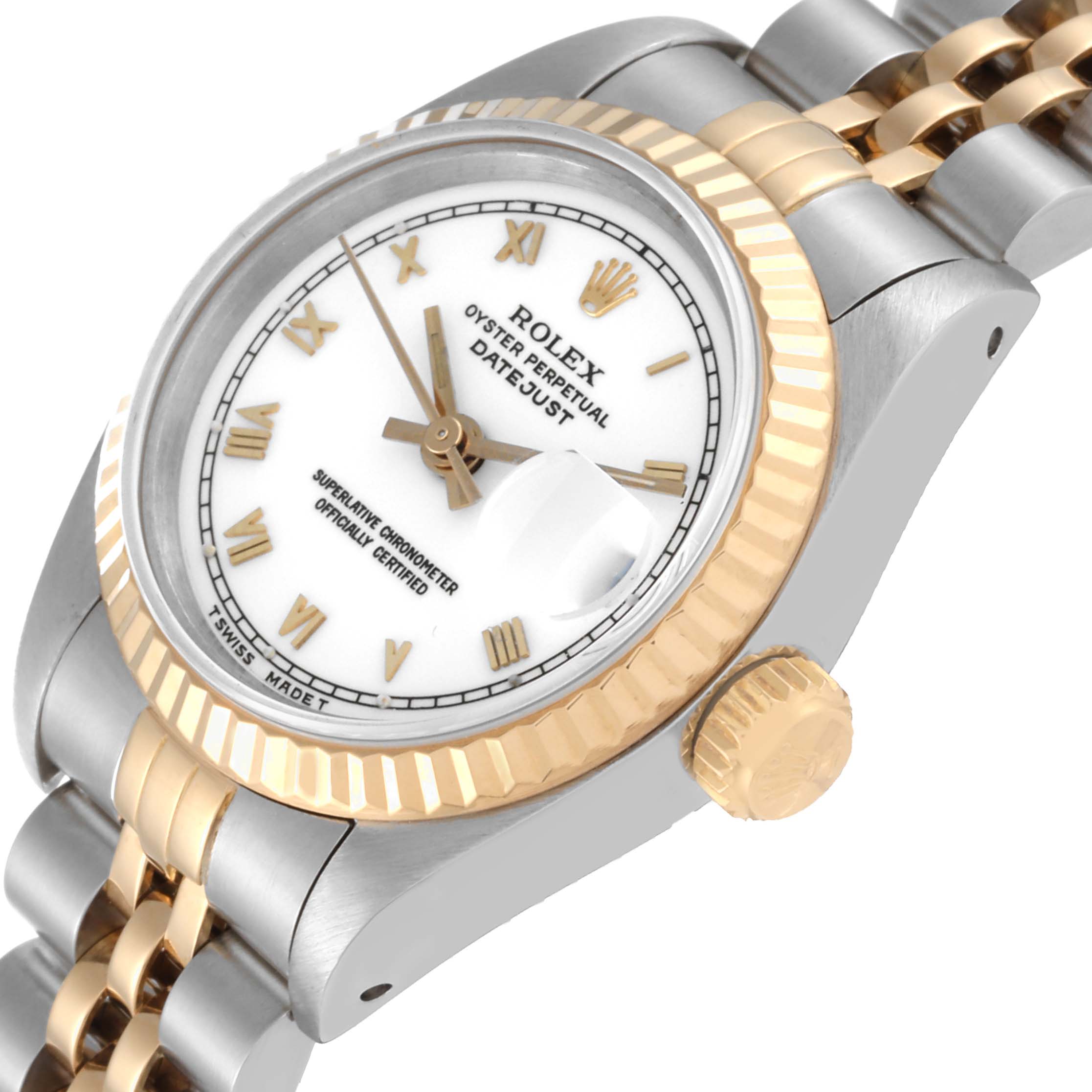 This Rolex Datejust 69173 Women's Steel and Gold (two tone) White Dial 69173 Women's Steel and Gold (two tone) White Dial watch is shown at a slight side angle, highlighting the bezel, dial, crown, and part of the bracelet.