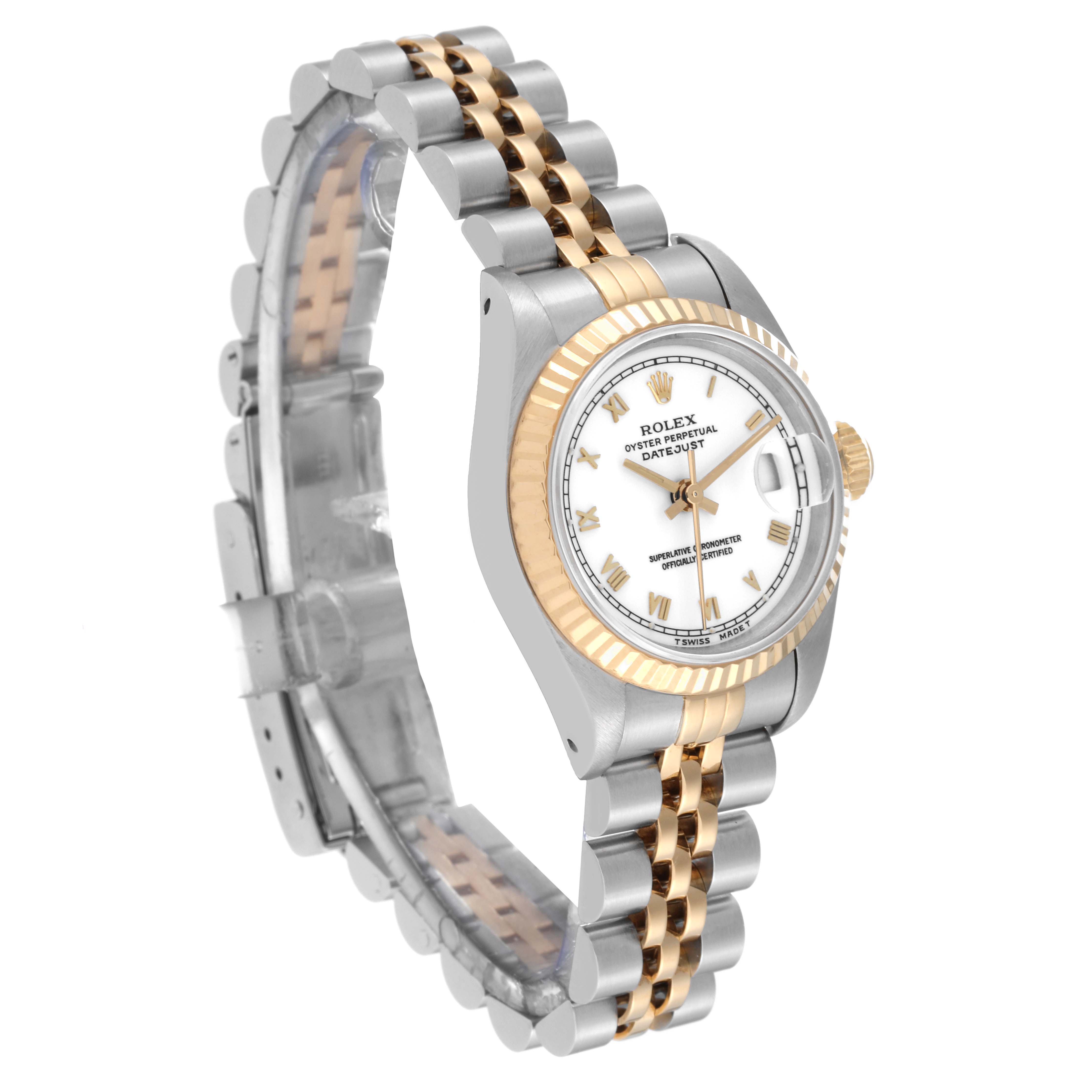 This Rolex Datejust 69173 Women's Steel and Gold (two tone) White Dial 69173 Women's Steel and Gold (two tone) White Dial is shown at a three-quarter angle, highlighting the face, bezel, and jubilee bracelet.