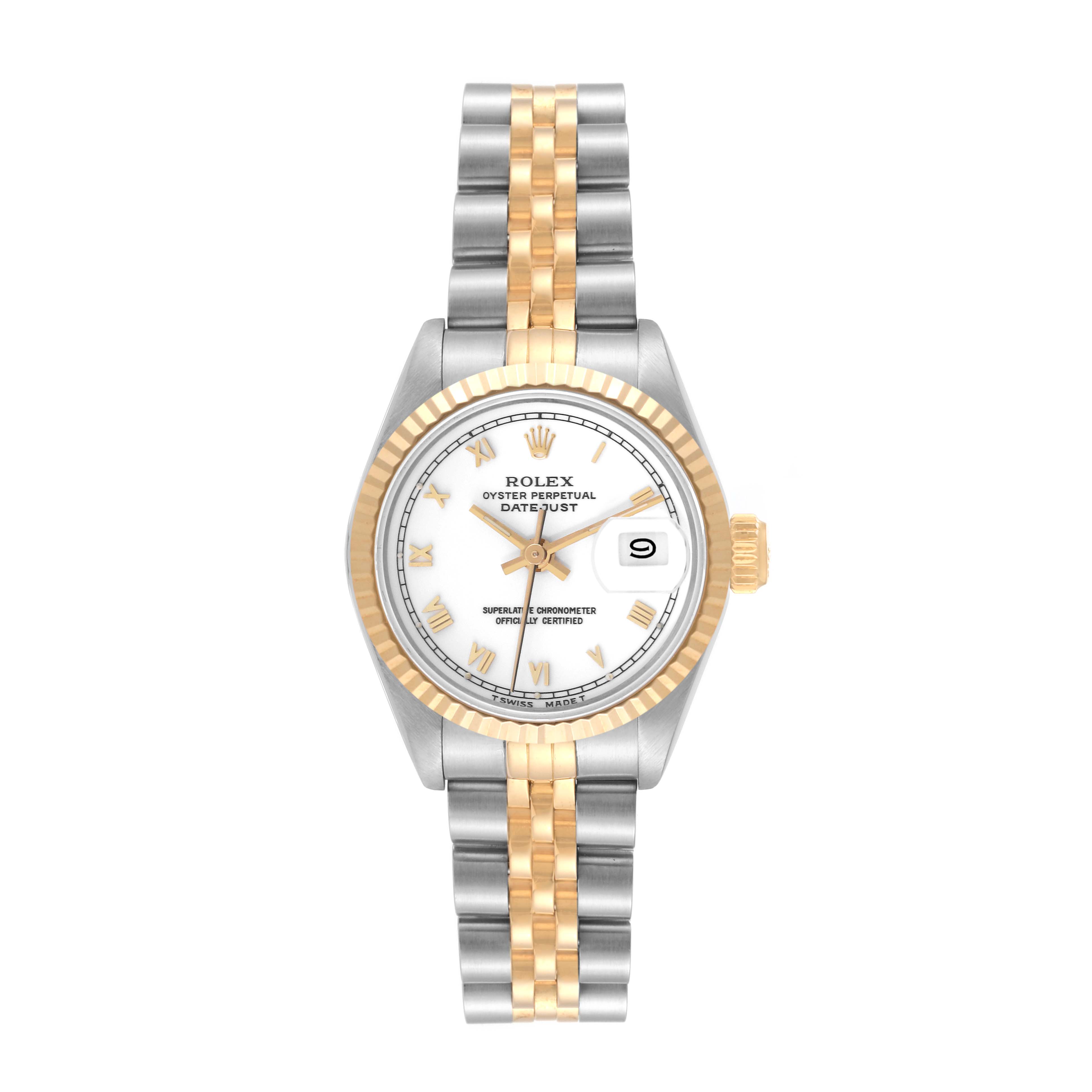 The Rolex Datejust 69173 Women's Steel and Gold (two tone) White Dial 69173 Women's Steel and Gold (two tone) White Dial watch is shown from a front angle, displaying its dial, two-tone bracelet, bezel, and crown.