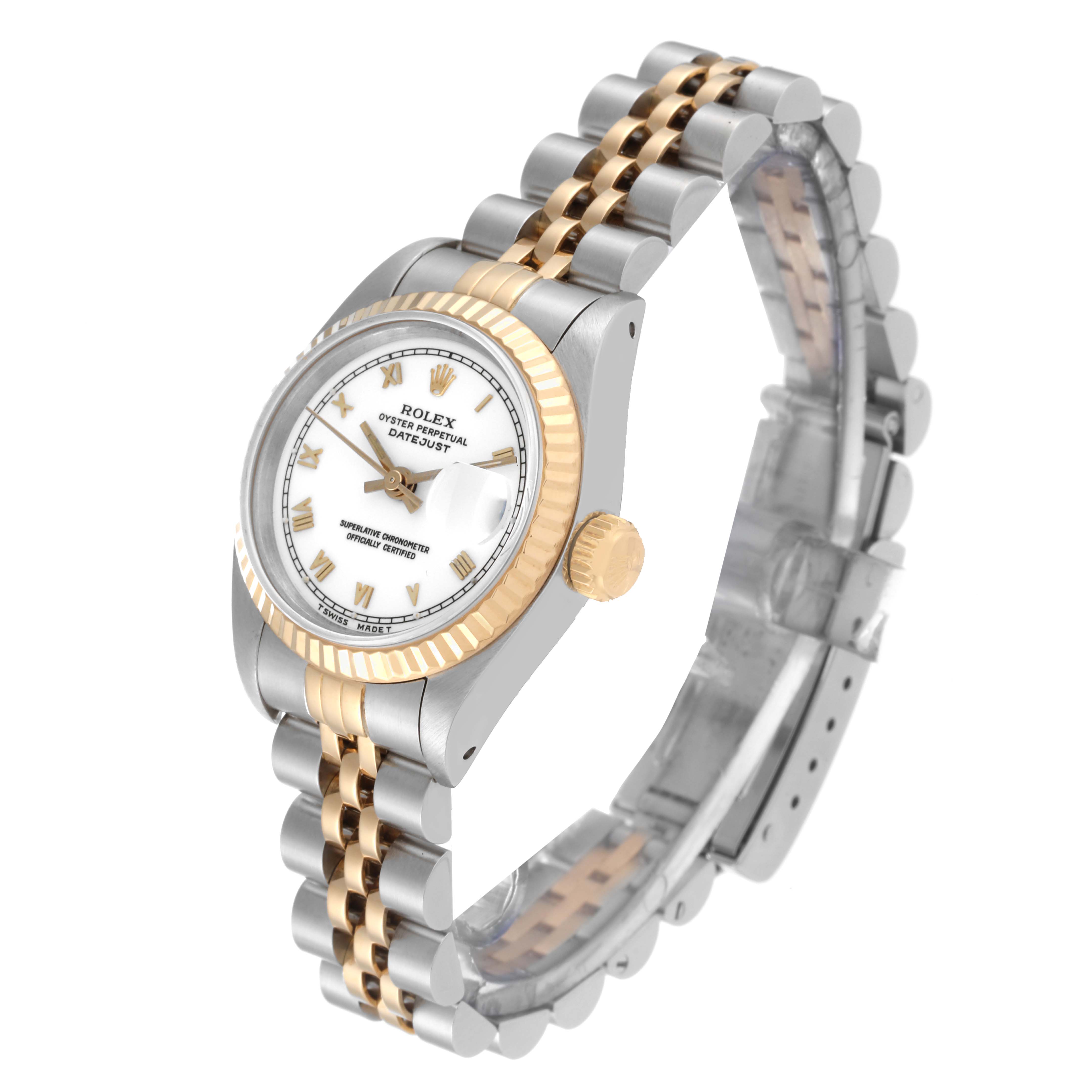 The image shows a Rolex Datejust 69173 Women's Steel and Gold (two tone) White Dial 69173 Women's Steel and Gold (two tone) White Dial watch at an angled side view, highlighting the bezel, crown, dial, and two-tone jubilee bracelet.