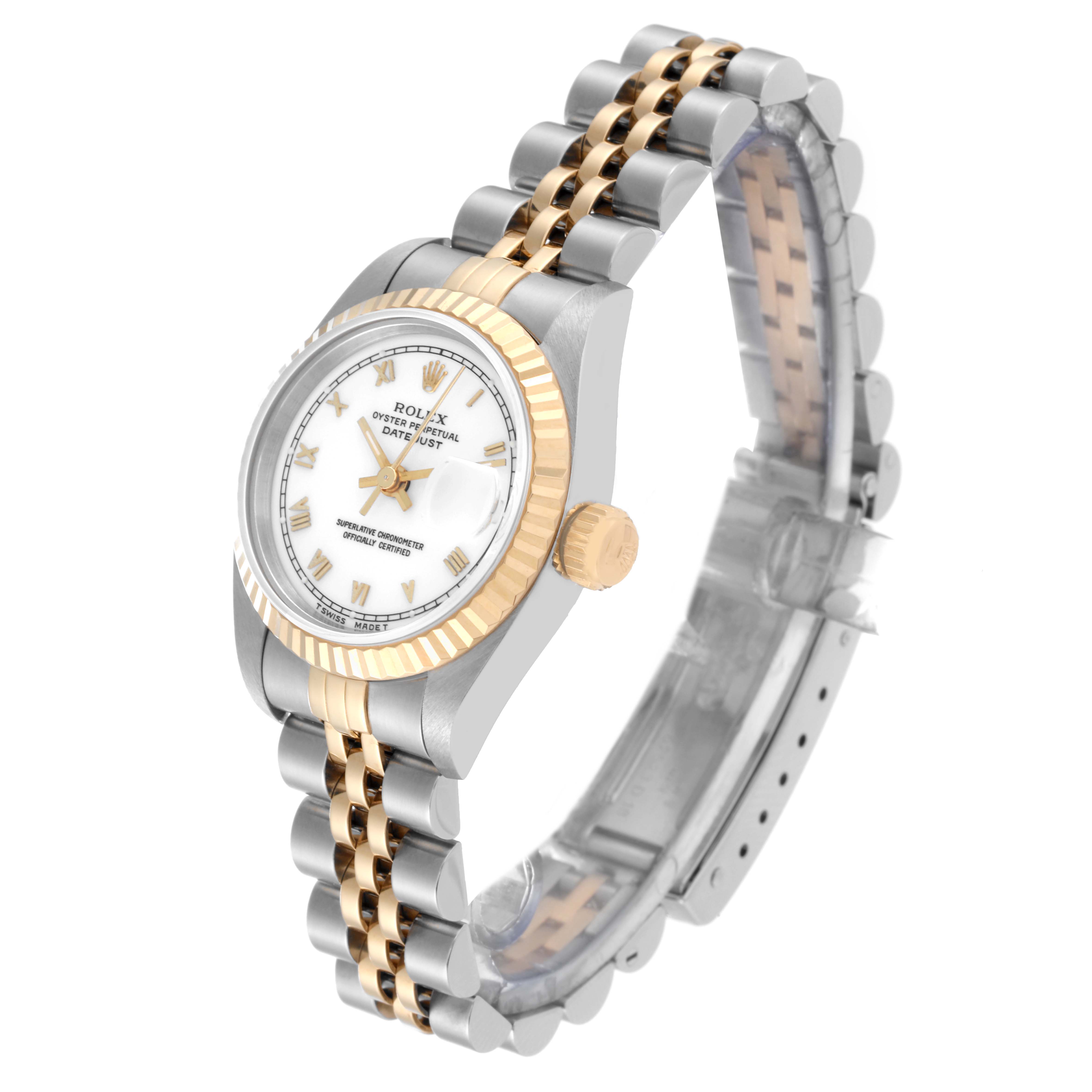 The image shows a Rolex Datejust 69173 Women's Steel and Gold (two tone) White Dial 69173 Women's Steel and Gold (two tone) White Dial watch from an angled side view, displaying the dial, crown, and bracelet.