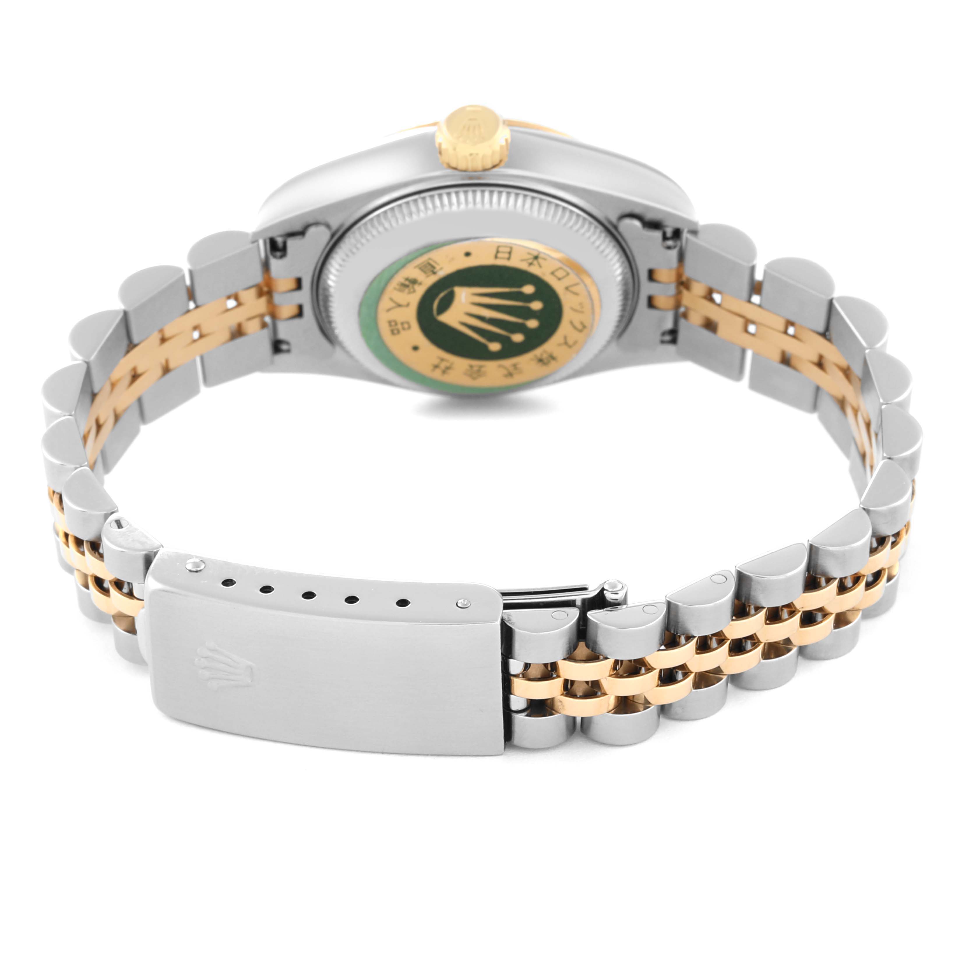 This image shows the back view of a Rolex Datejust 69173 Women's Steel and Gold (two tone) White Dial 69173 Women's Steel and Gold (two tone) White Dial watch, highlighting the clasp, bracelet, and case back.