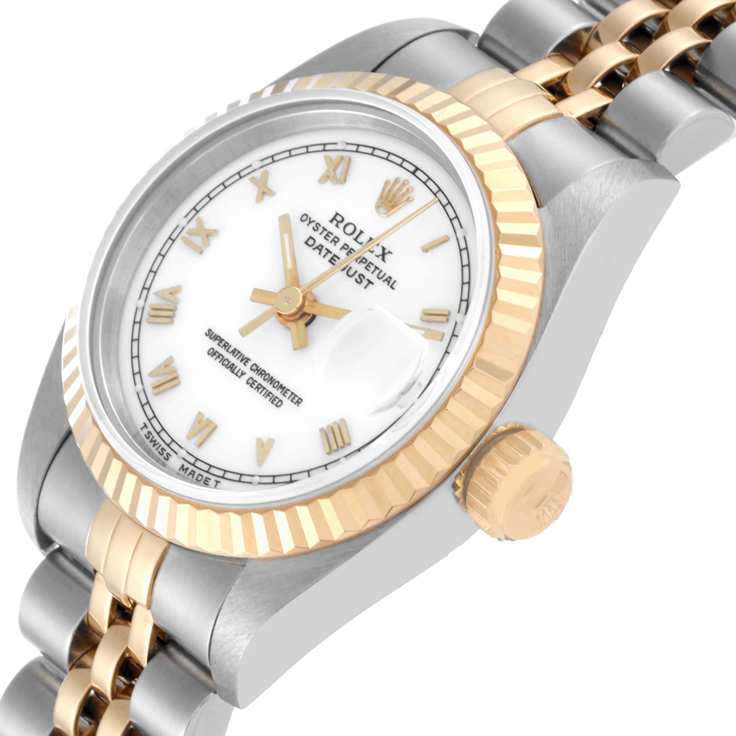 The Rolex Datejust 69173 Women's Steel and Gold (two tone) White Dial 69173 Women's Steel and Gold (two tone) White Dial model watch is shown at an angled top view, featuring its dial, bezel, and crown.