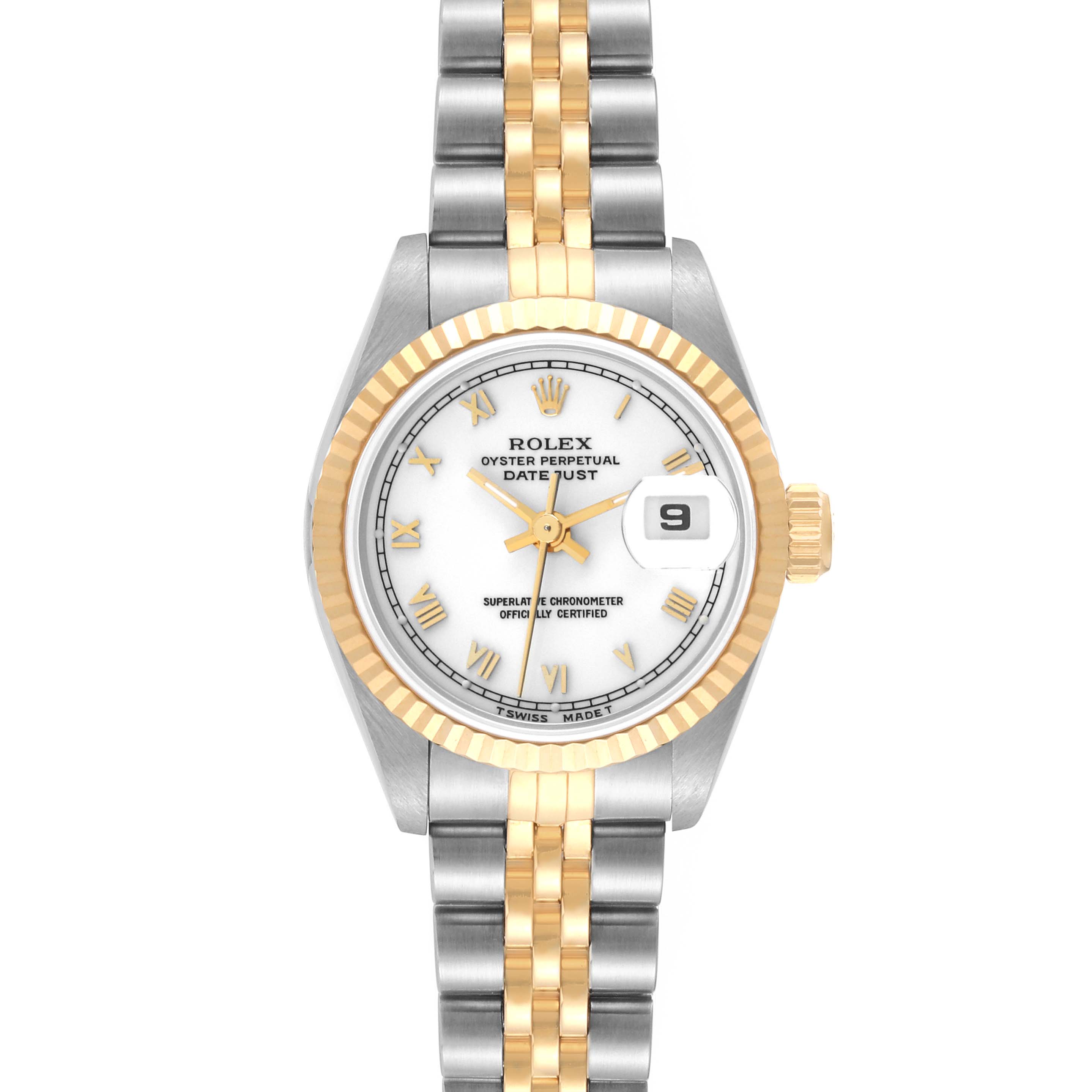 This image shows a front view of the Rolex Datejust 69173 Women's Steel and Gold (two tone) White Dial 69173 Women's Steel and Gold (two tone) White Dial watch displaying the dial, bezel, crown, and dual-tone bracelet.
