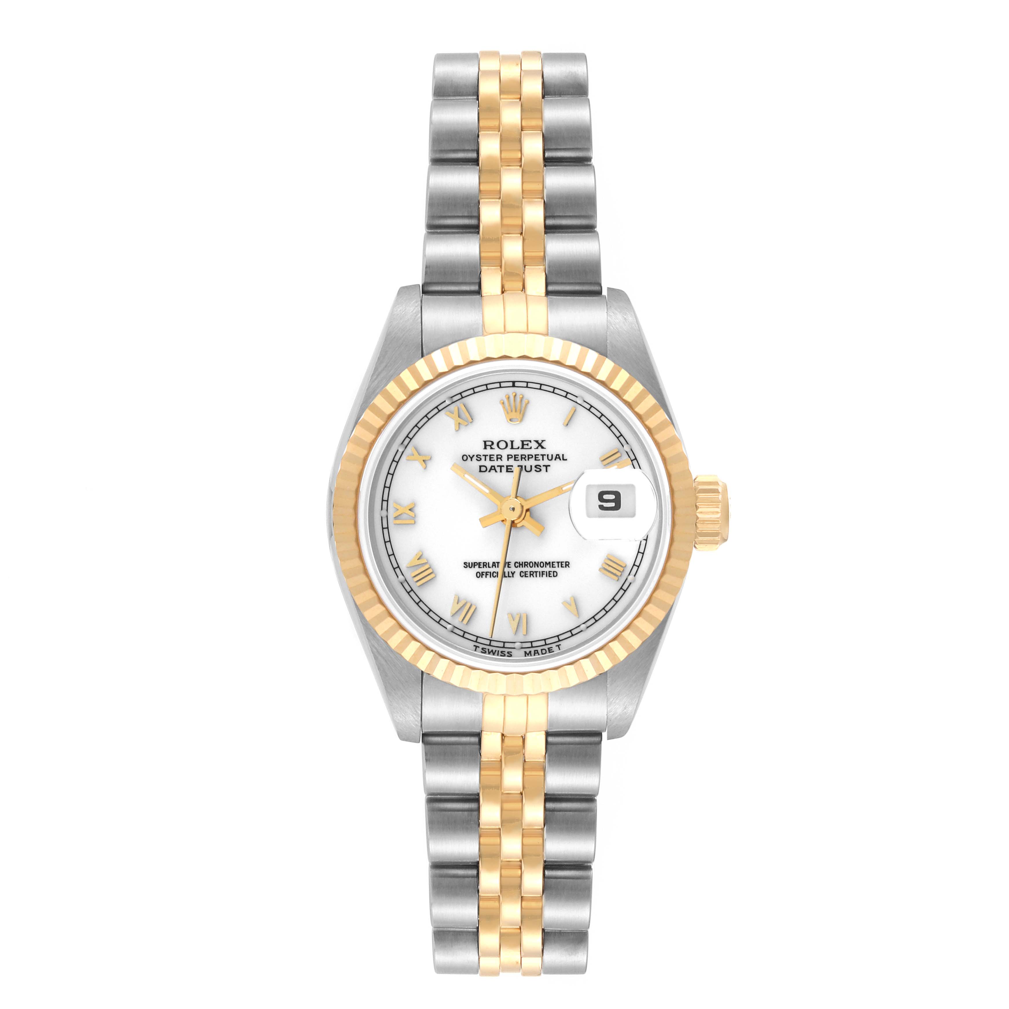 This image shows a Rolex Datejust 69173 Women's Steel and Gold (two tone) White Dial 69173 Women's Steel and Gold (two tone) White Dial watch from a front view, highlighting the dial, fluted bezel, and the Jubilee bracelet.
