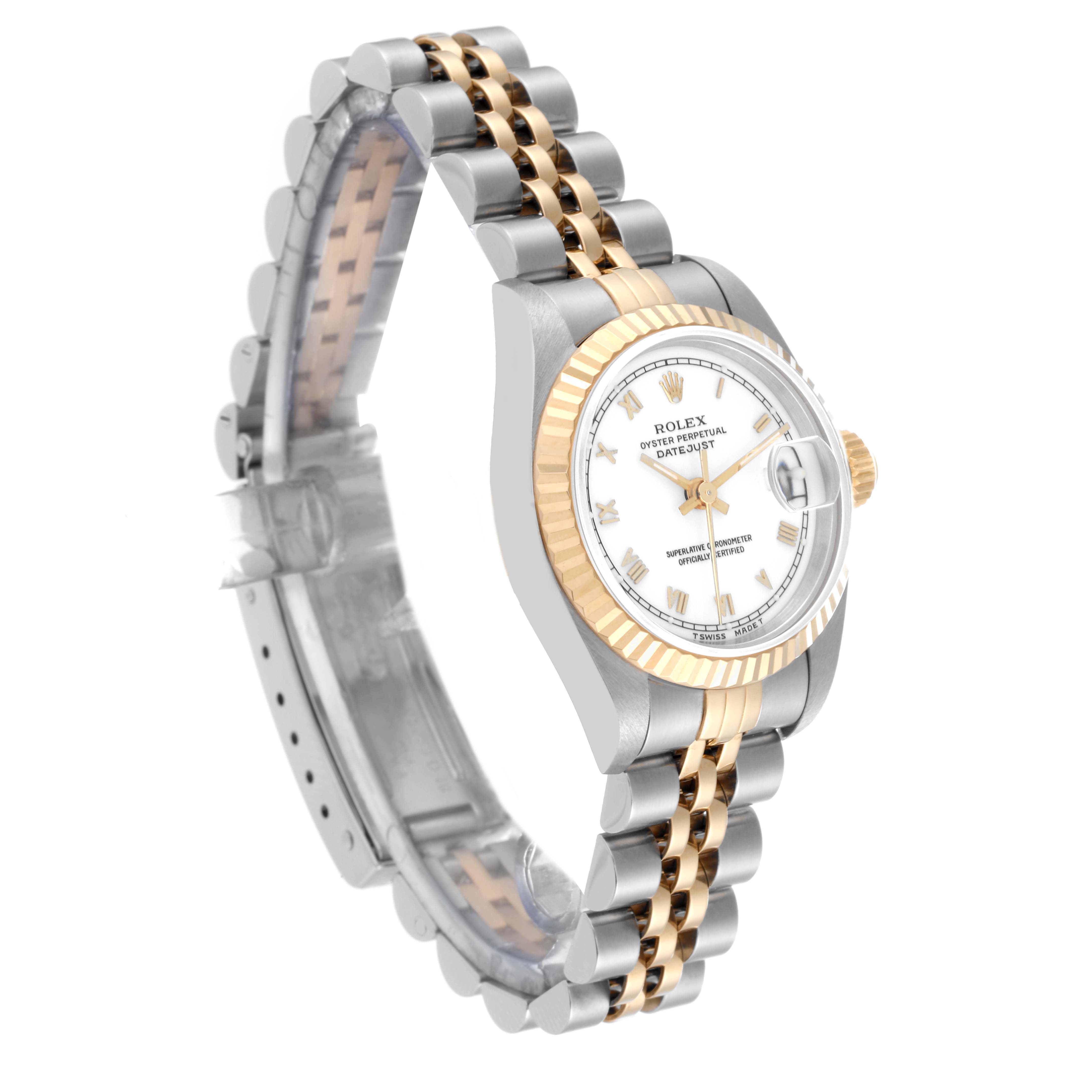 The image shows a Rolex Datejust 69173 Women's Steel and Gold (two tone) White Dial 69173 Women's Steel and Gold (two tone) White Dial watch from an angled side view, highlighting its two-tone bracelet, fluted bezel, and dial with date function.