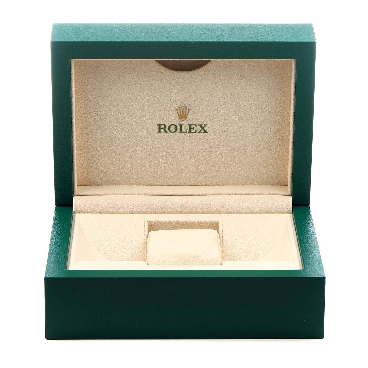 This image shows an open green Rolex Datejust 116199 SANR Women's White Gold Black Dial watch box from the front, displaying its beige interior.