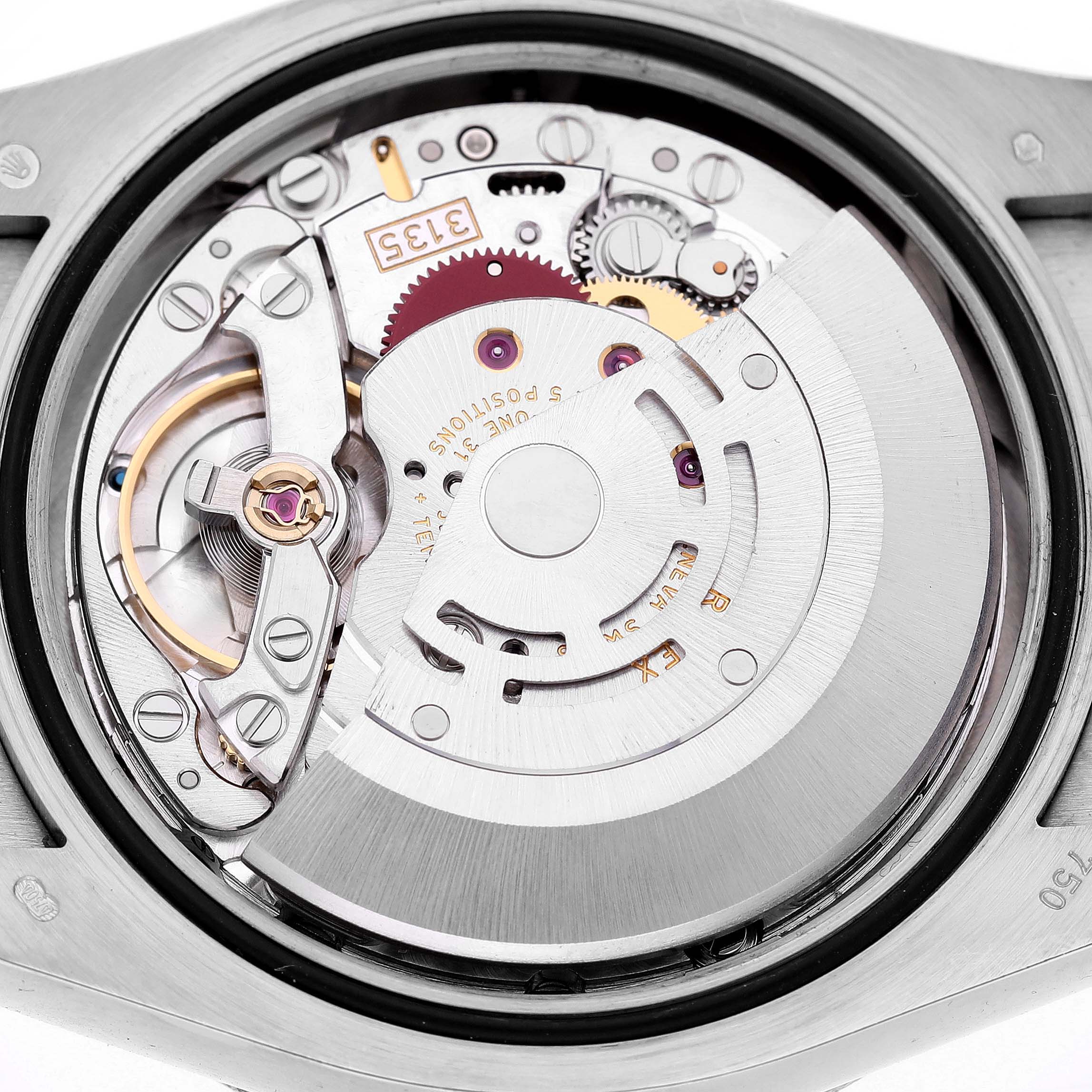 The image shows the movement of a Rolex Datejust 116199 SANR Women's White Gold Black Dial, viewed from the back, highlighting gears and the rotor.