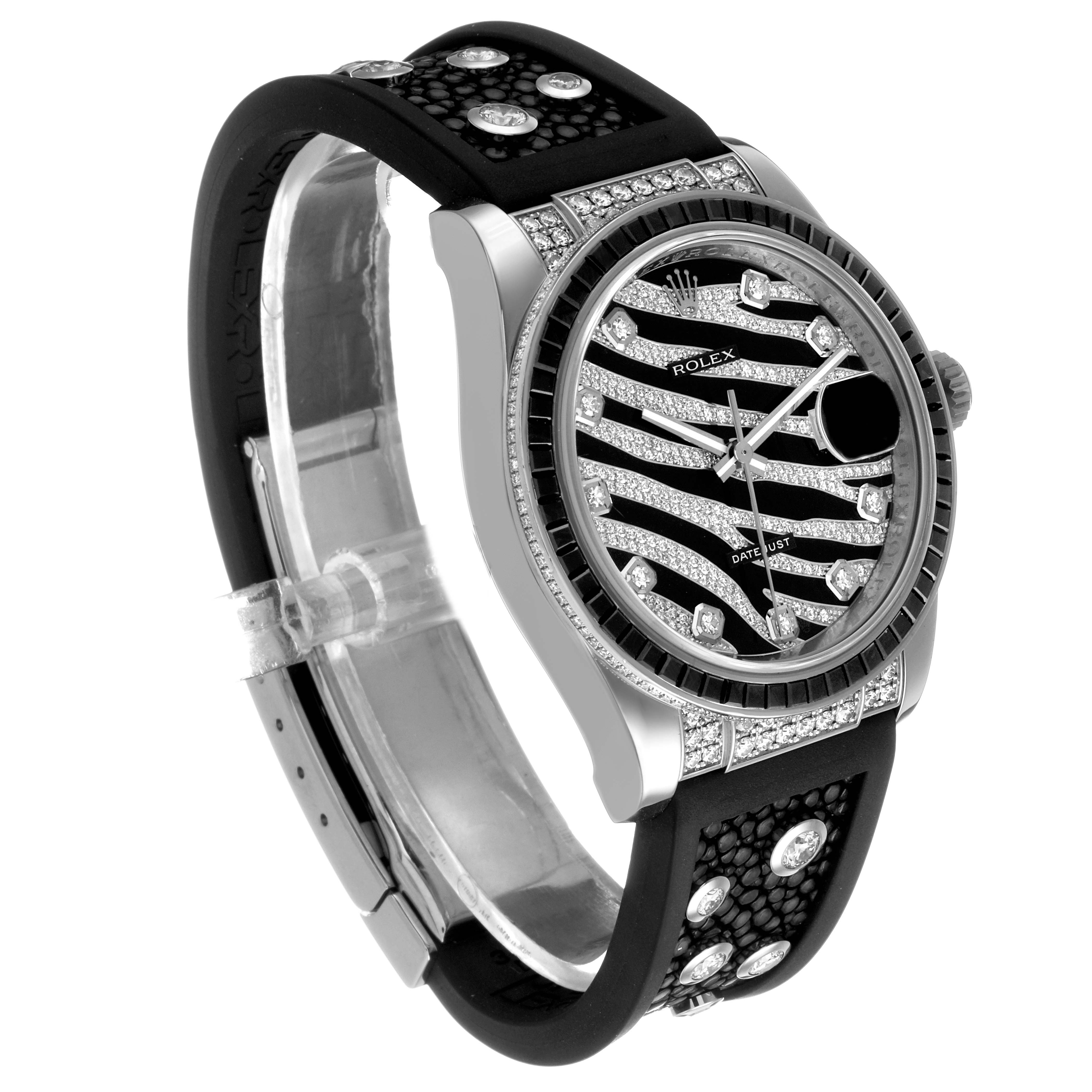 The Rolex Datejust 116199 SANR Women's White Gold Black Dial watch is pictured at a three-quarter angle, showing the face, bezel, and part of the strap.