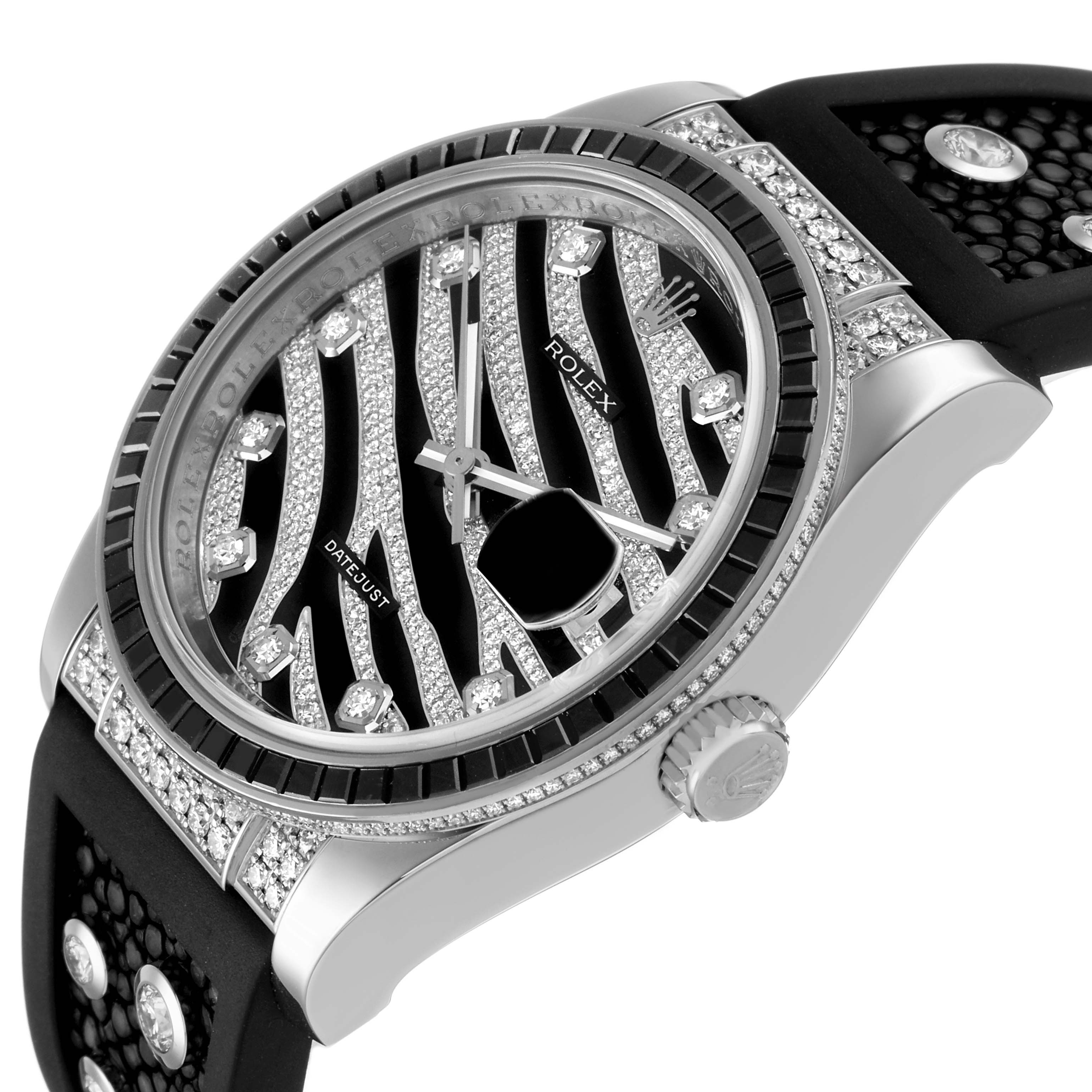 The Rolex Datejust 116199 SANR Women's White Gold Black Dial watch is shown at an angled view, highlighting the case, bezel, dial, crown, and strap details.