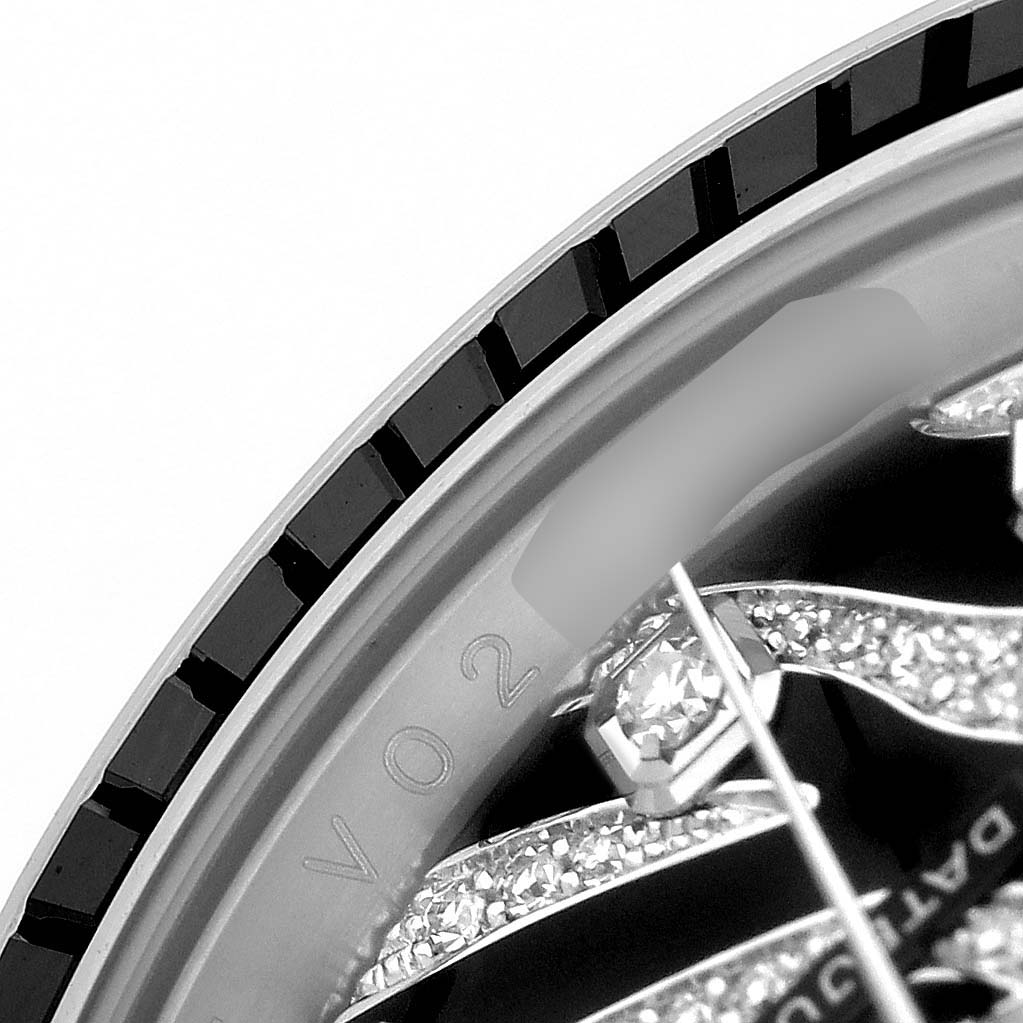 The image shows a close-up of the bezel and part of the dial with diamond accents on the Rolex Datejust 116199 SANR Women's White Gold Black Dial watch.