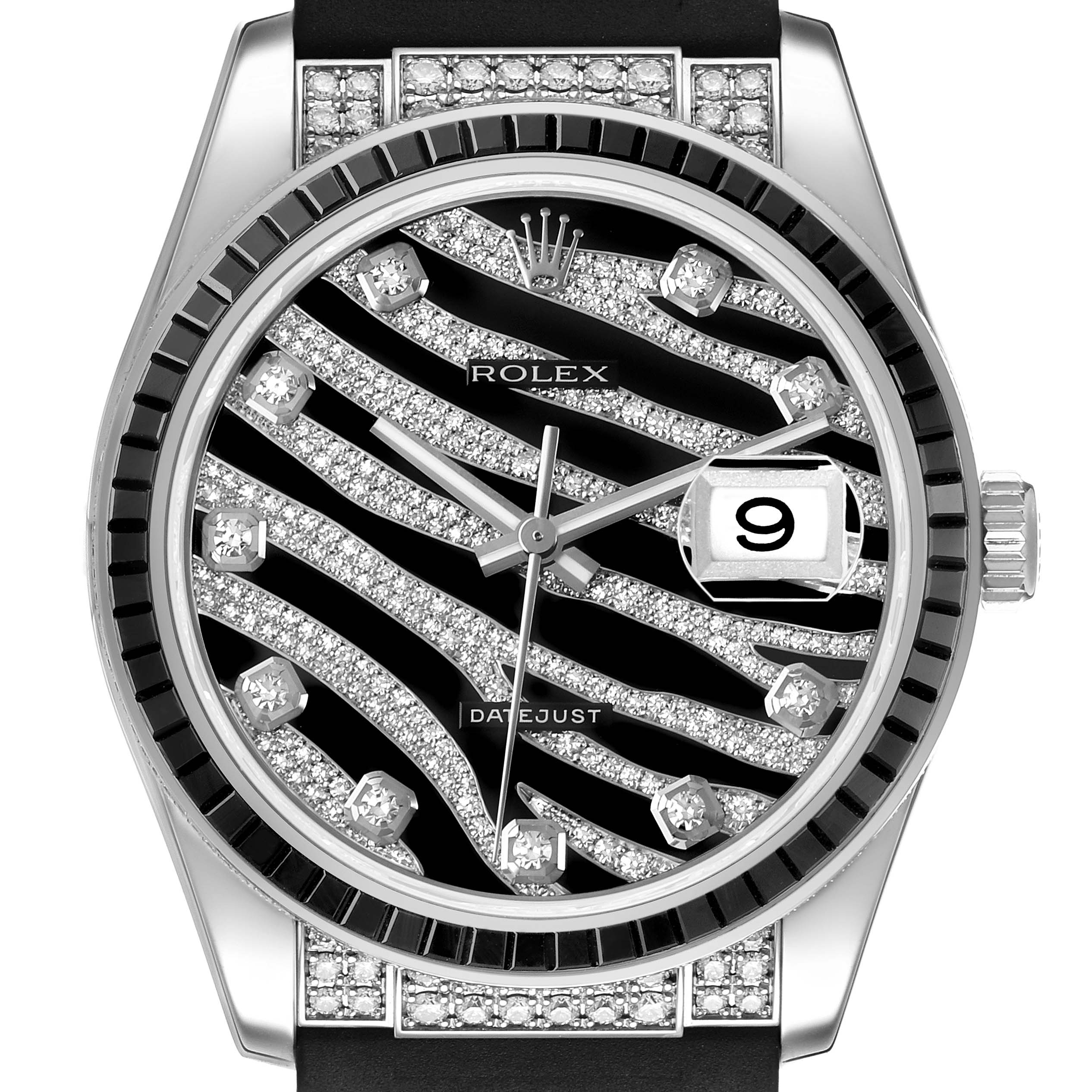 The Rolex Datejust 116199 SANR Women's White Gold Black Dial watch is shown from a front angle, highlighting its zebra-patterned diamond dial and date window at 3 o'clock.