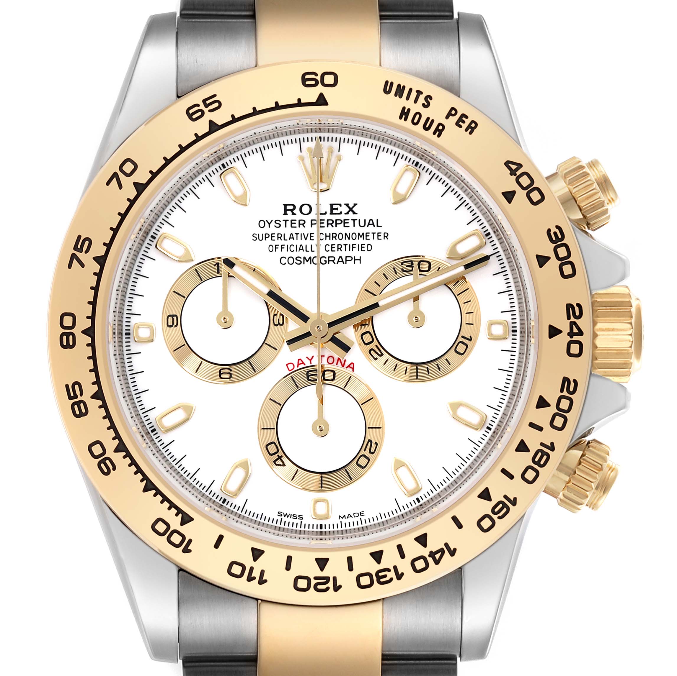 The Rolex Daytona 116503 Men's Steel and Gold (two tone) White Dial 116503 Men's Steel and Gold (two tone) White Dial watch is shown from the front, highlighting the gold bezel, subdials, and crown.