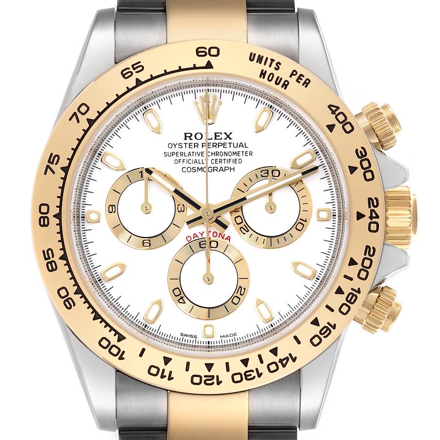 The Rolex Daytona watch is shown from the front, highlighting the gold bezel, subdials, and crown.