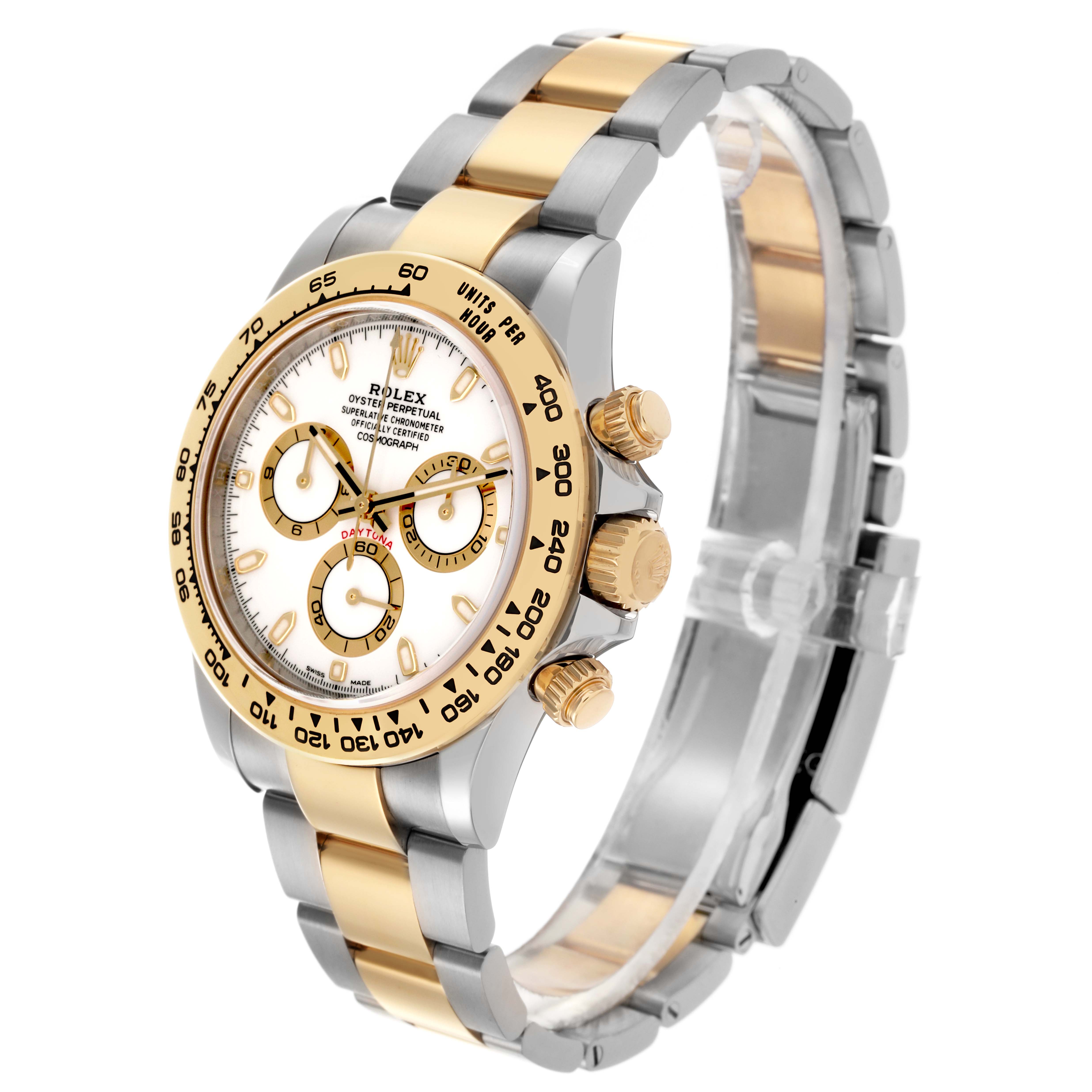 The Rolex Daytona 116503 Men's Steel and Gold (two tone) White Dial 116503 Men's Steel and Gold (two tone) White Dial watch is shown at a three-quarter angle, highlighting its face, bezel, and gold and silver bracelet.