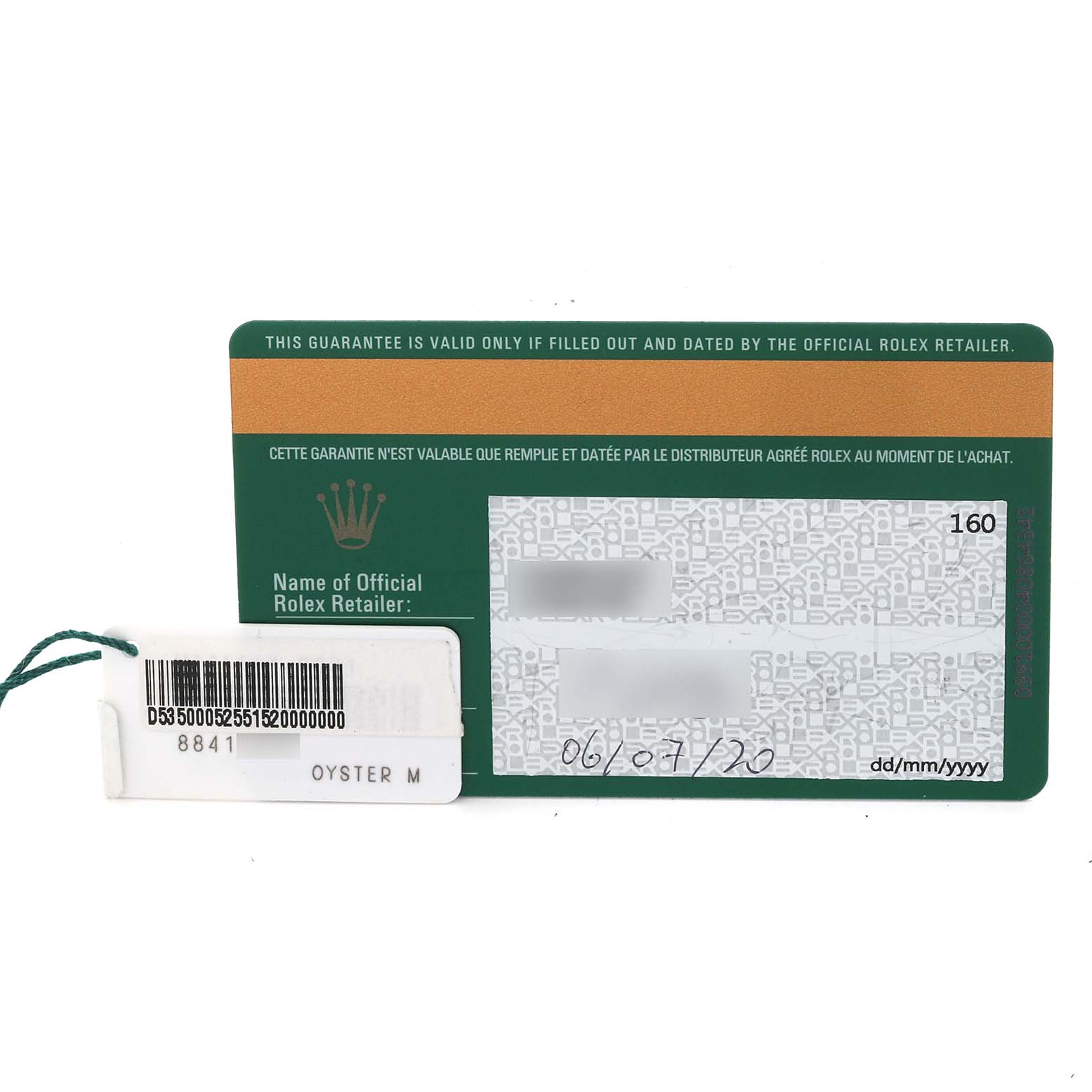 The image shows a Rolex warranty card and a tag with a barcode for the Daytona model.