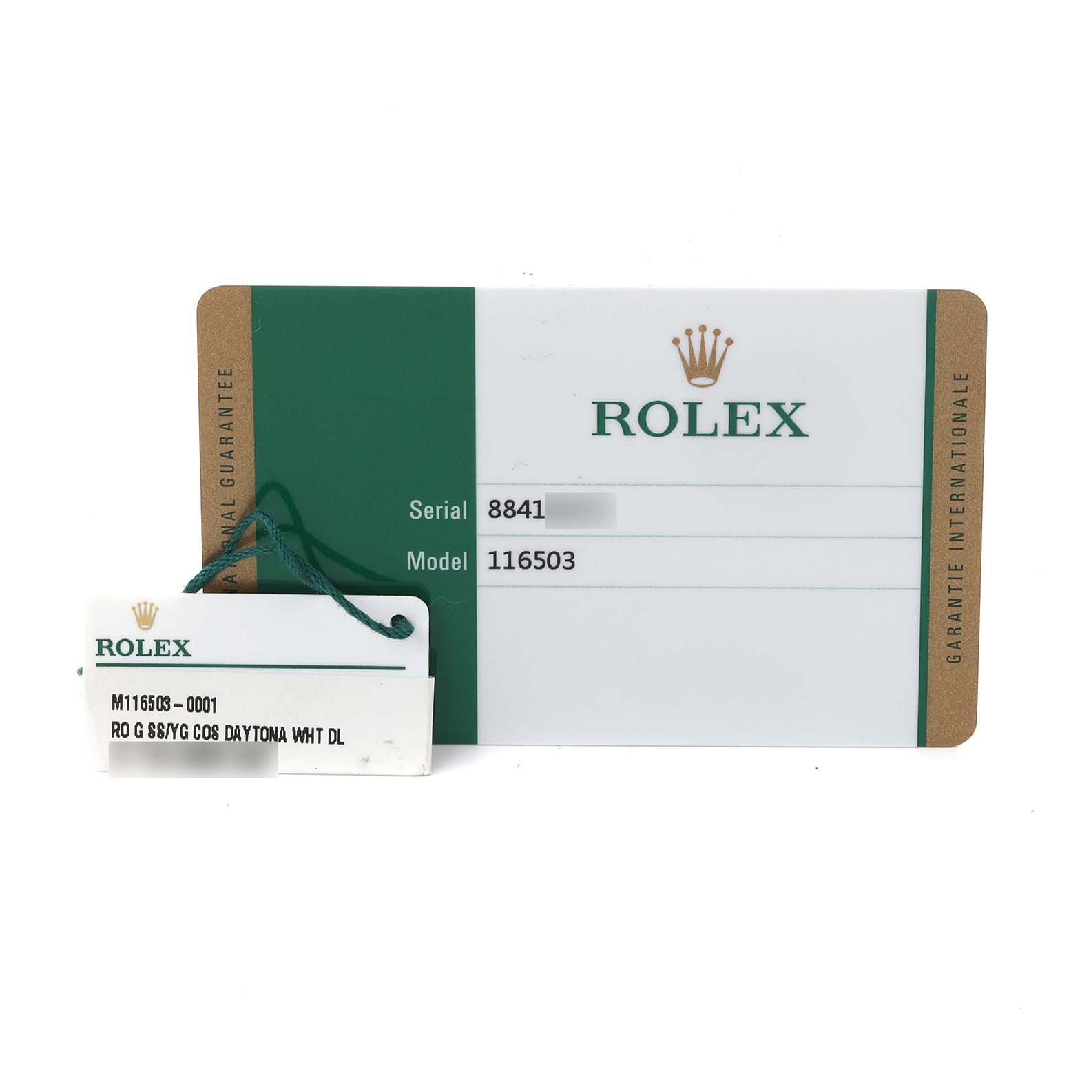 The image shows a Rolex Daytona 116503 Men's Steel and Gold (two tone) White Dial 116503 Men's Steel and Gold (two tone) White Dial warranty card and tag from above, displaying the model number 116503.