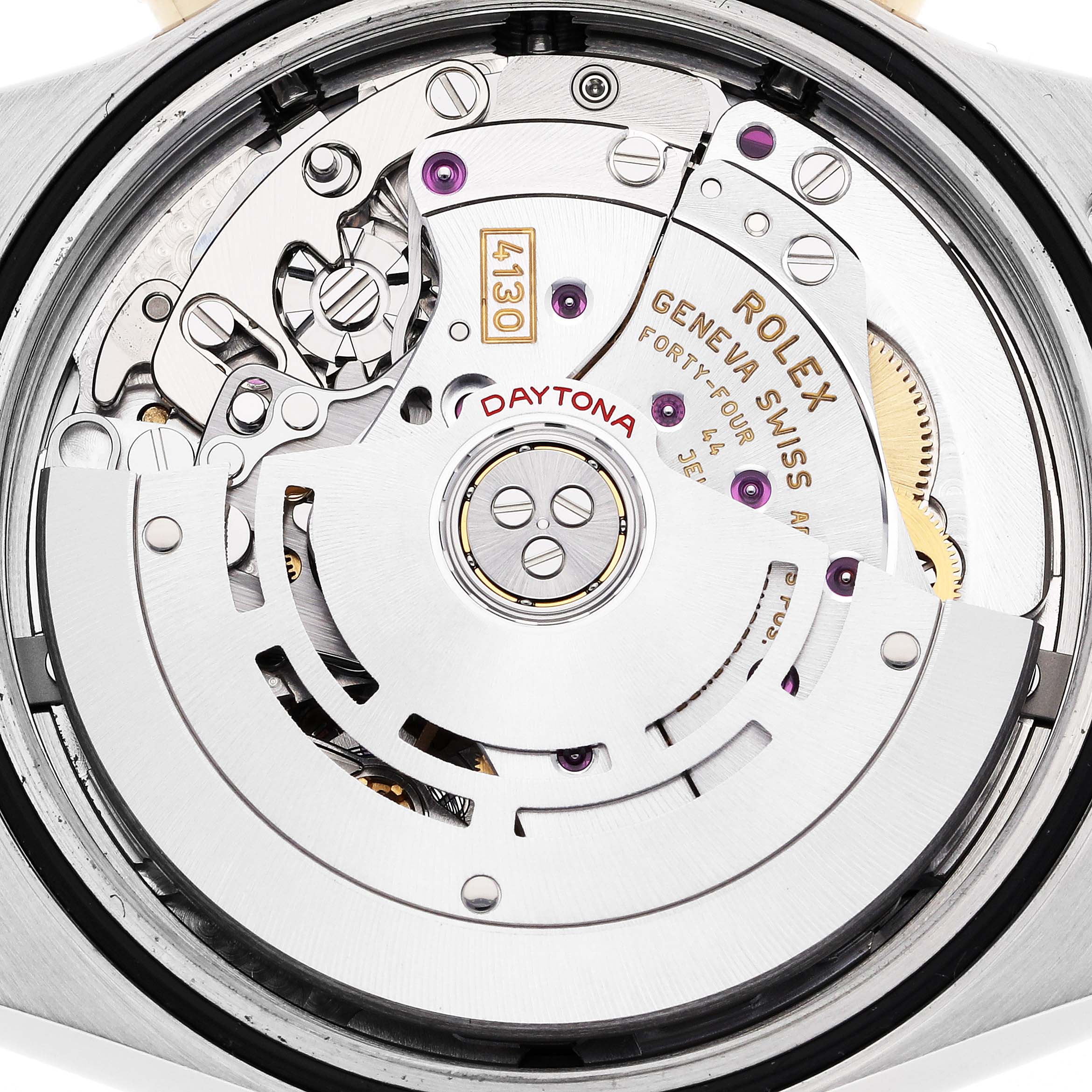 The image shows the movement of a Rolex Daytona 116503 Men's Steel and Gold (two tone) White Dial 116503 Men's Steel and Gold (two tone) White Dial watch from a top-down angle, highlighting the intricate mechanics.