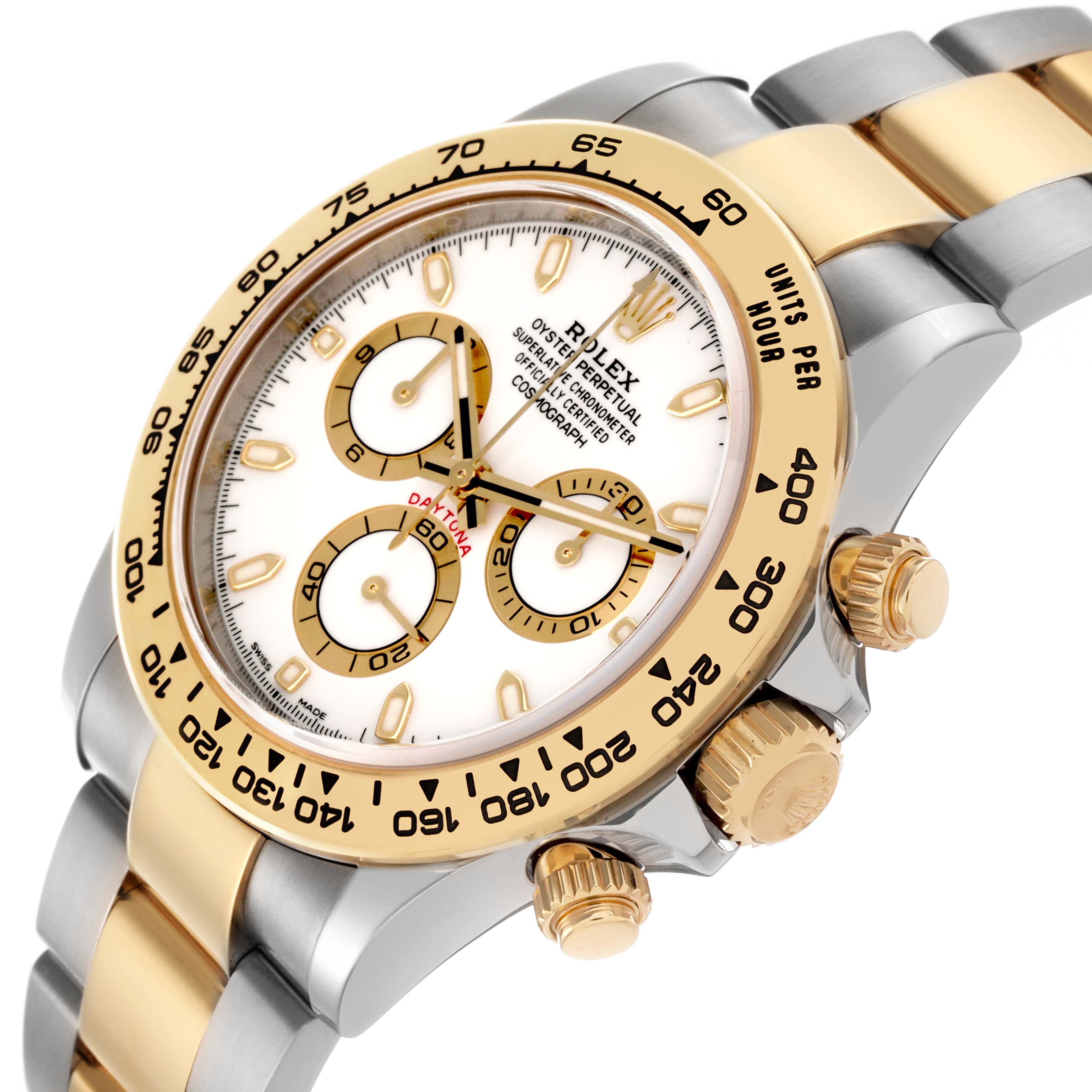 The Rolex Daytona 116503 Men's Steel and Gold (two tone) White Dial 116503 Men's Steel and Gold (two tone) White Dial watch is shown at an angled close-up, highlighting the gold bezel, subdials, and two-tone bracelet.