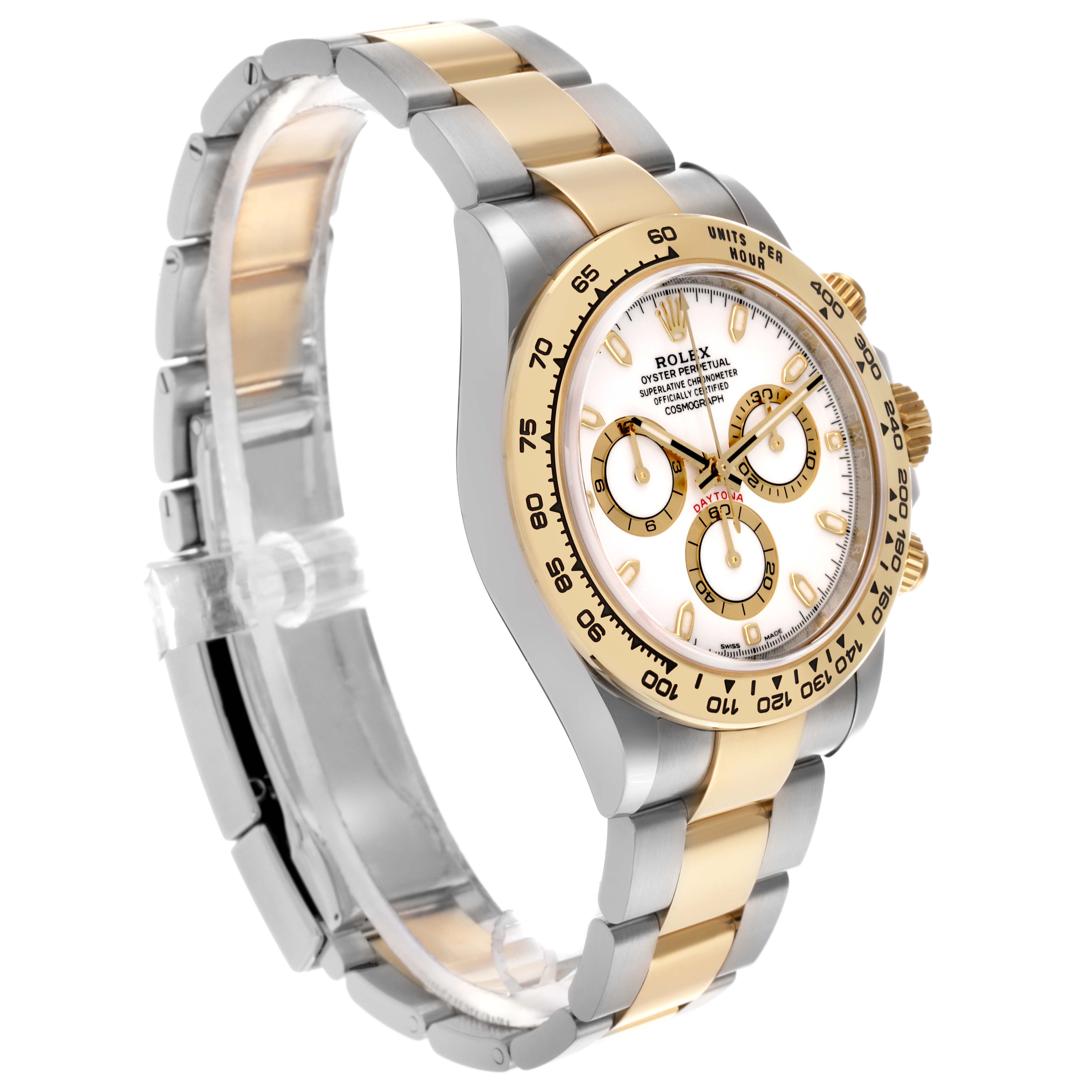 The Rolex Daytona 116503 Men's Steel and Gold (two tone) White Dial 116503 Men's Steel and Gold (two tone) White Dial watch is shown at a three-quarter angle, highlighting the crown, bezel, and two-tone bracelet.