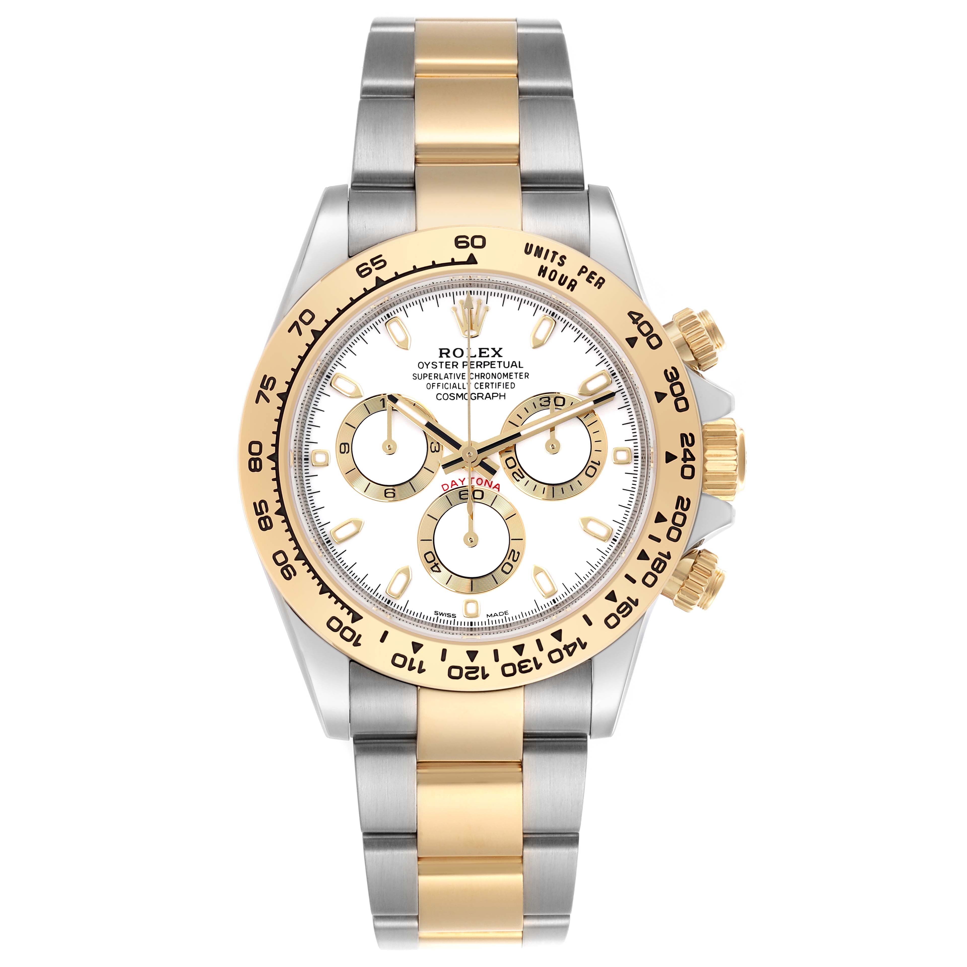 The Rolex Daytona 116503 Men's Steel and Gold (two tone) White Dial 116503 Men's Steel and Gold (two tone) White Dial watch is shown from a front angle, highlighting its bezel, dial, and bracelet.