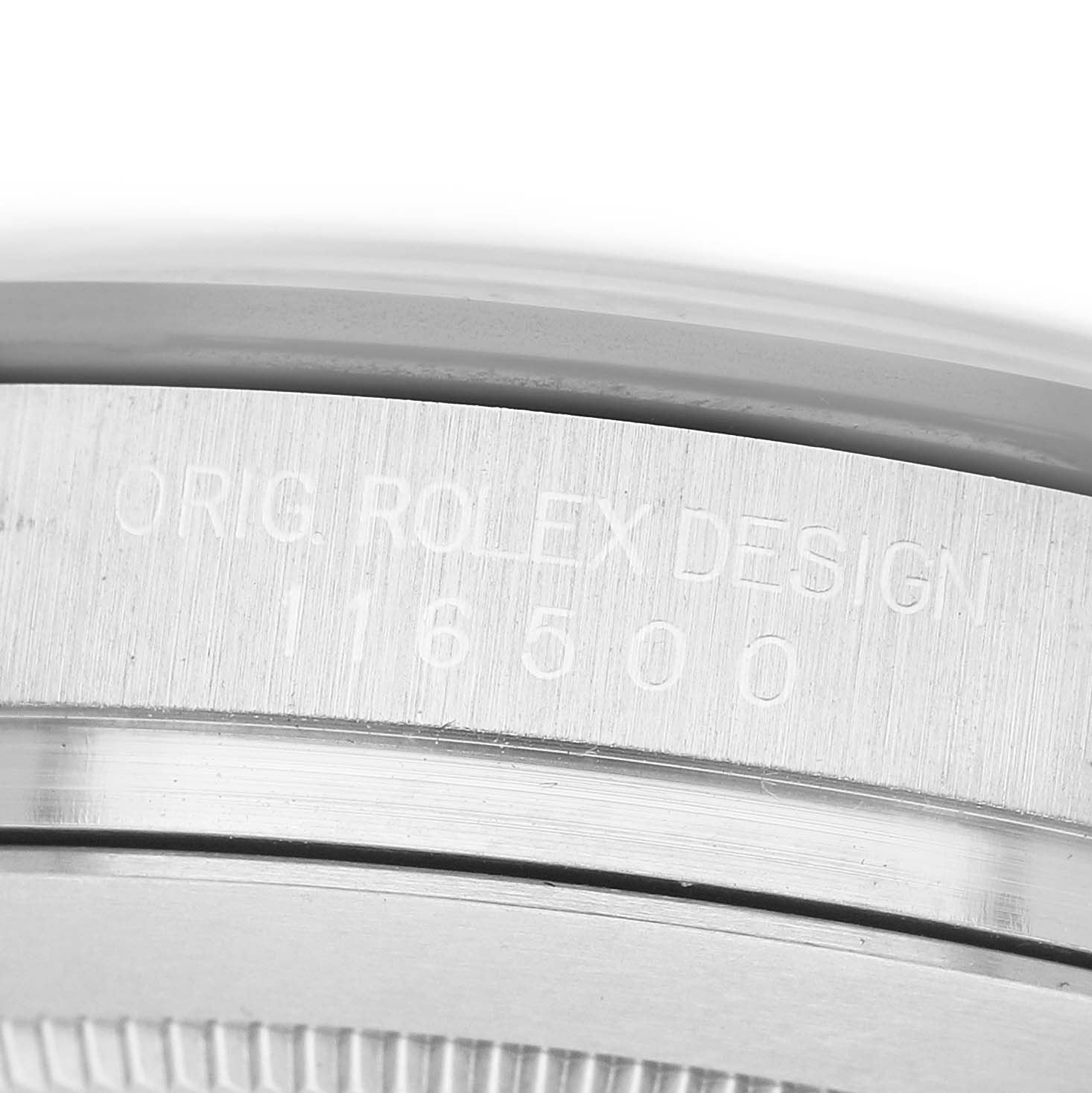 The image shows a close-up of the case side of a Rolex Daytona 116500LN Men's Stainless Steel White Dial, focusing on the engraved model number.