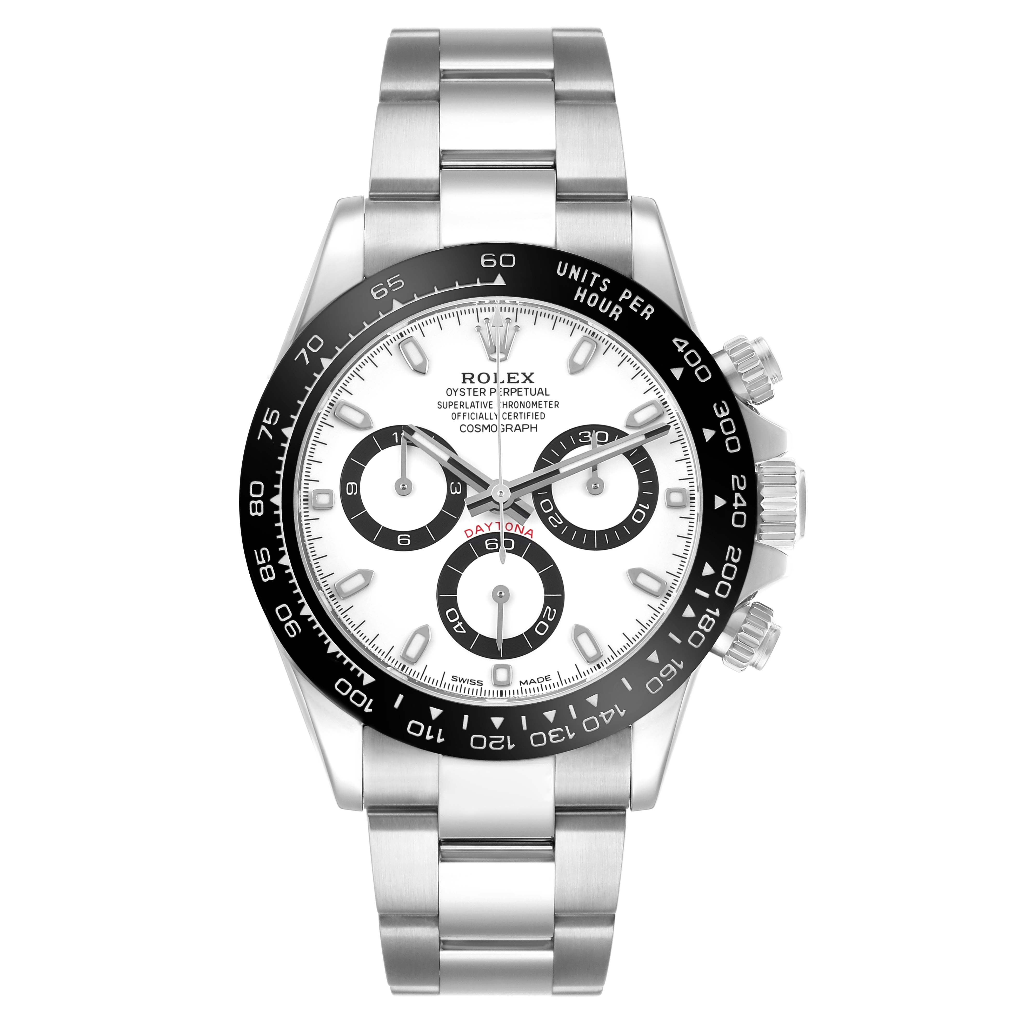 The image shows a front view of the Rolex Daytona 116500LN Men's Stainless Steel White Dial watch, featuring the dial, bezel, and bracelet.