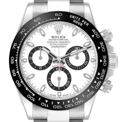 The Rolex Daytona 116500LN Men's Stainless Steel White Dial watch is shown from a front angle, highlighting the dial, bezel, subdials, and crown.