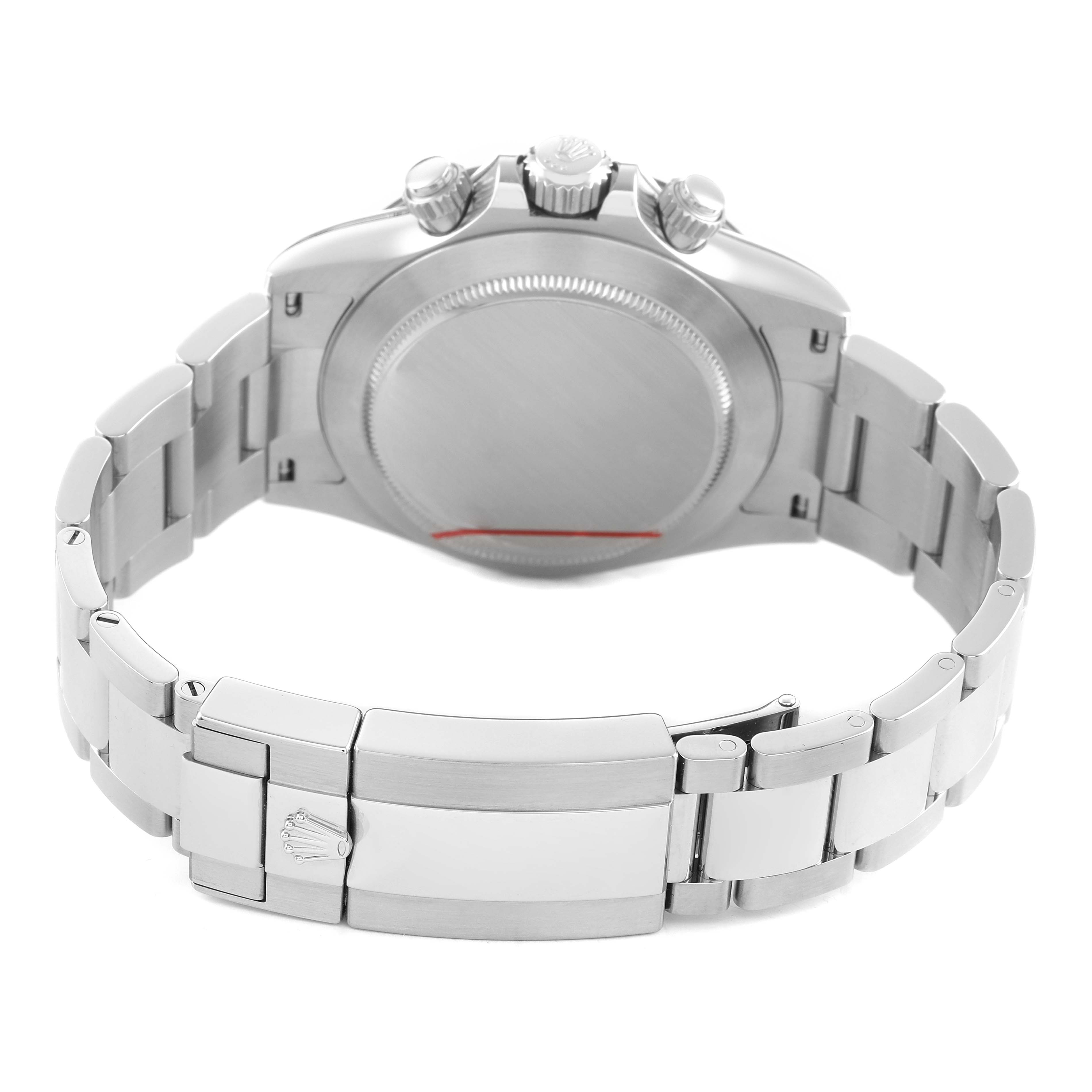 The Rolex Daytona 116500LN Men's Stainless Steel White Dial is shown from the back, highlighting the case back, crown, pushers, and bracelet clasp.