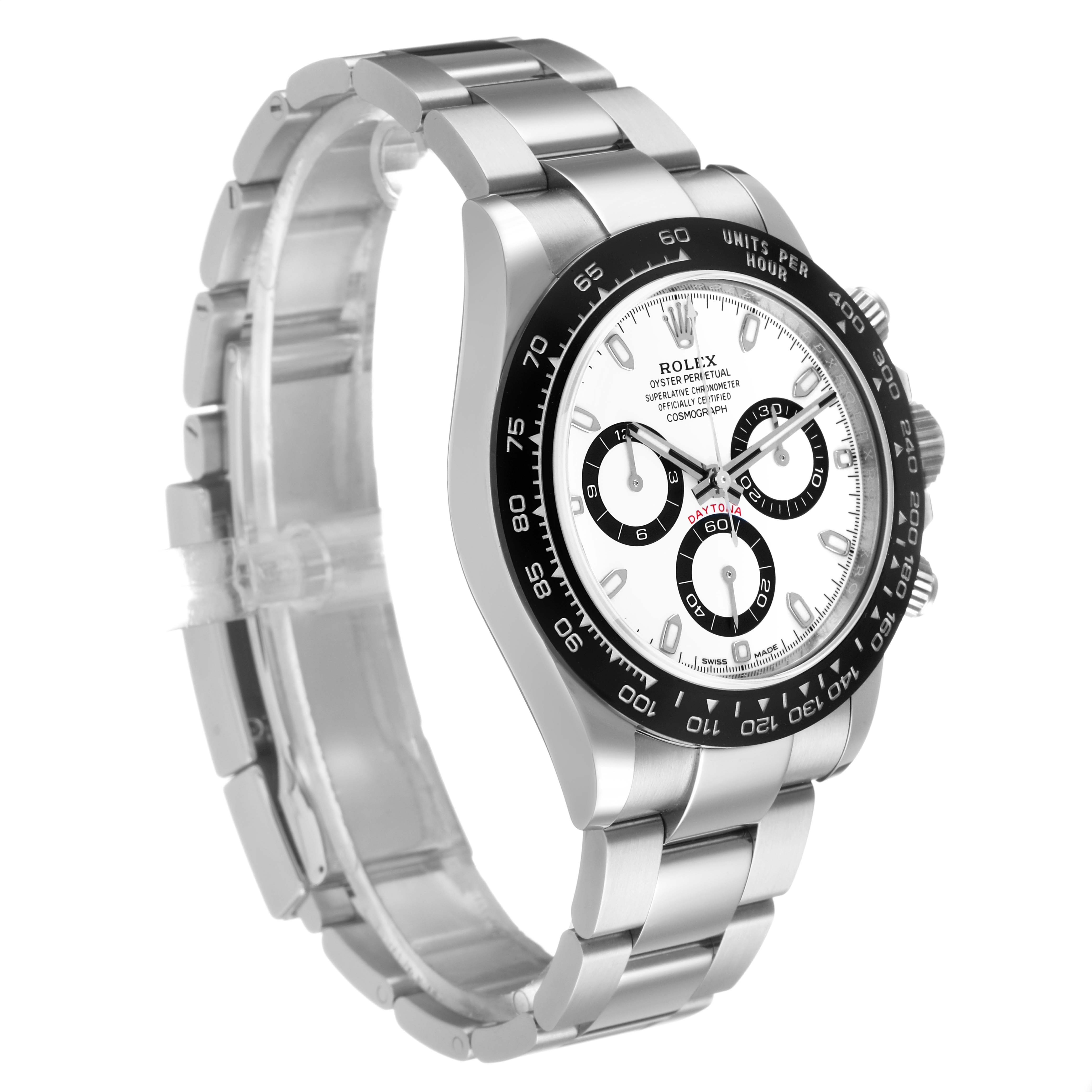 The Rolex Daytona 116500LN Men's Stainless Steel White Dial is shown at a three-quarter angle, highlighting the bezel, dial, and bracelet.